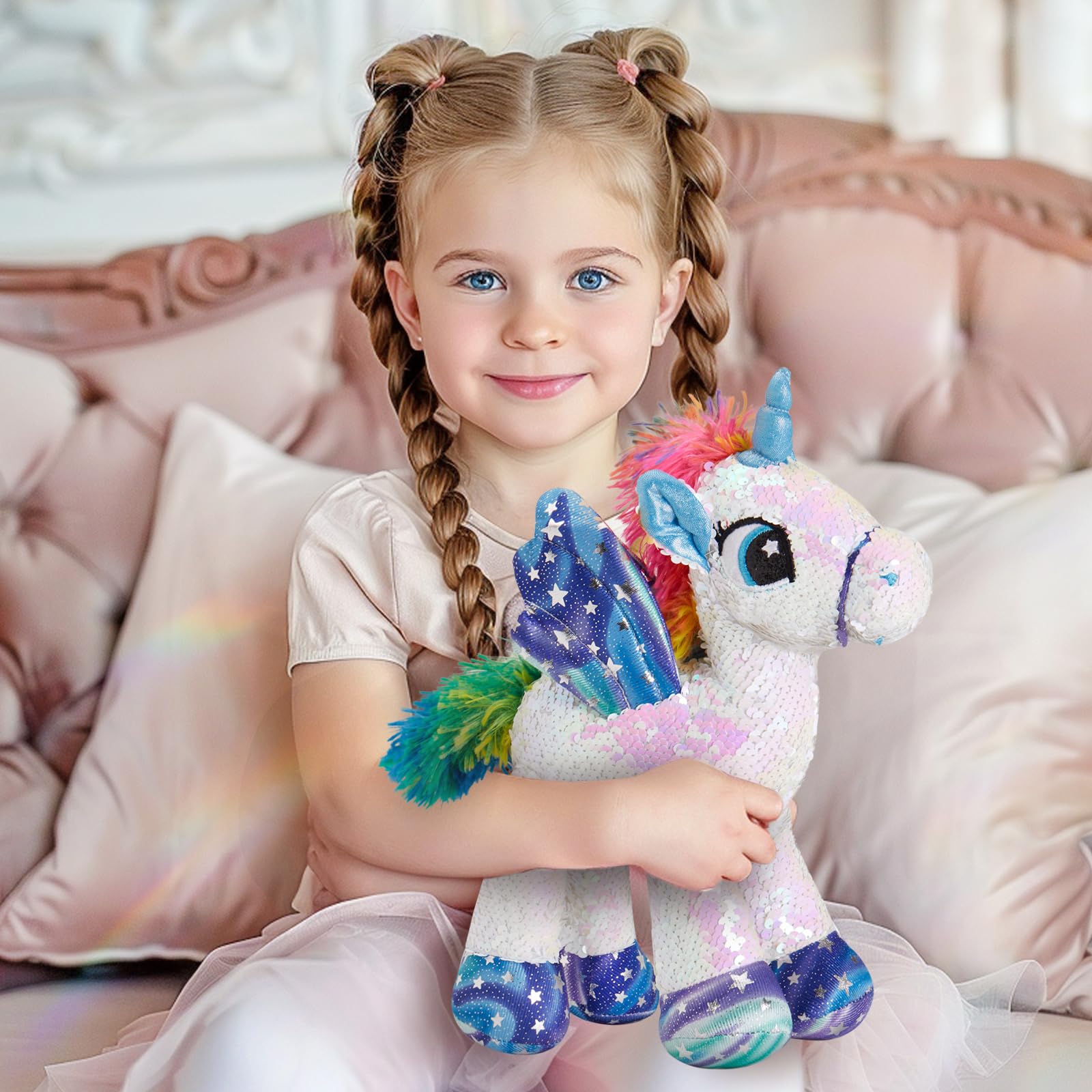 Reversible Unicorn Stuffed Animal with Glitter Sequins - Soft Plush Toy for Girls & Toddlers (13