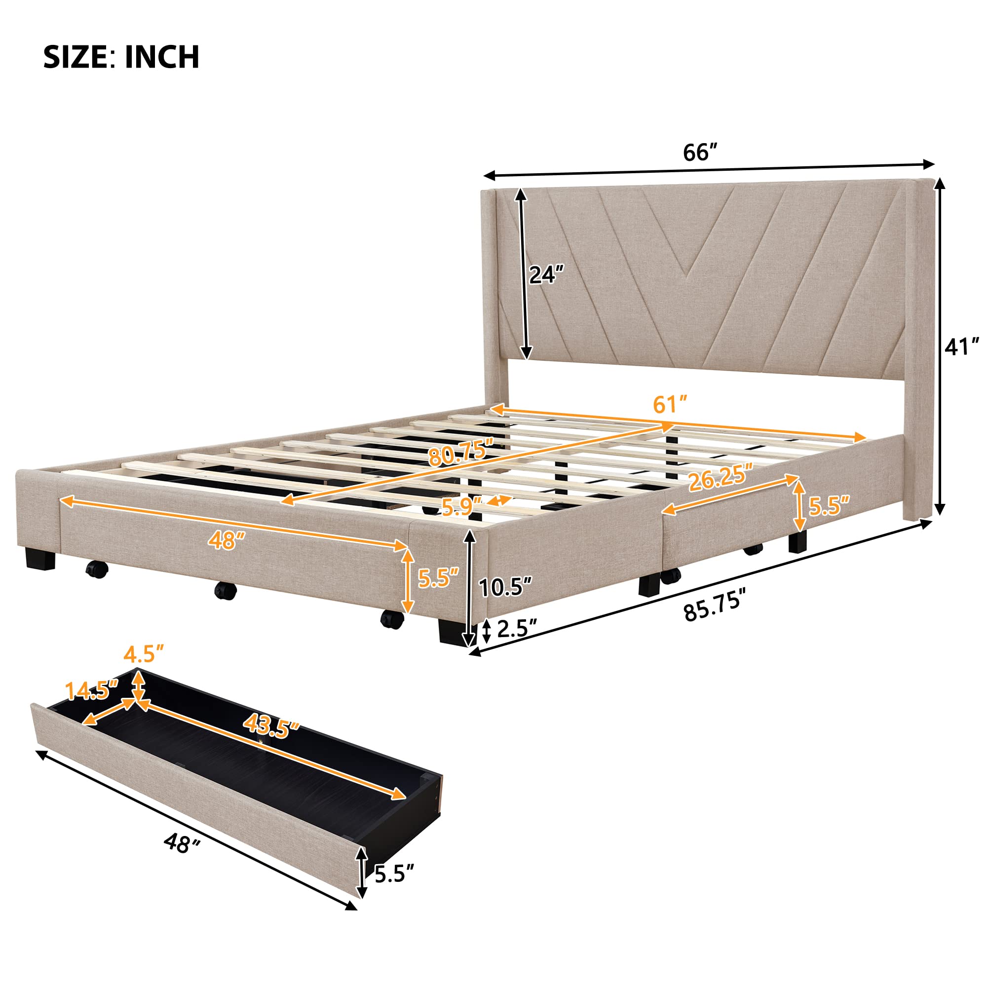 Merax Queen Size Linen Upholstered Platform Bed with 3 Storage Drawers & Headboard - No Box Spring Needed, Beige Modern Bed Frame for Small Space Bedroom, Guest Room & Apartment
