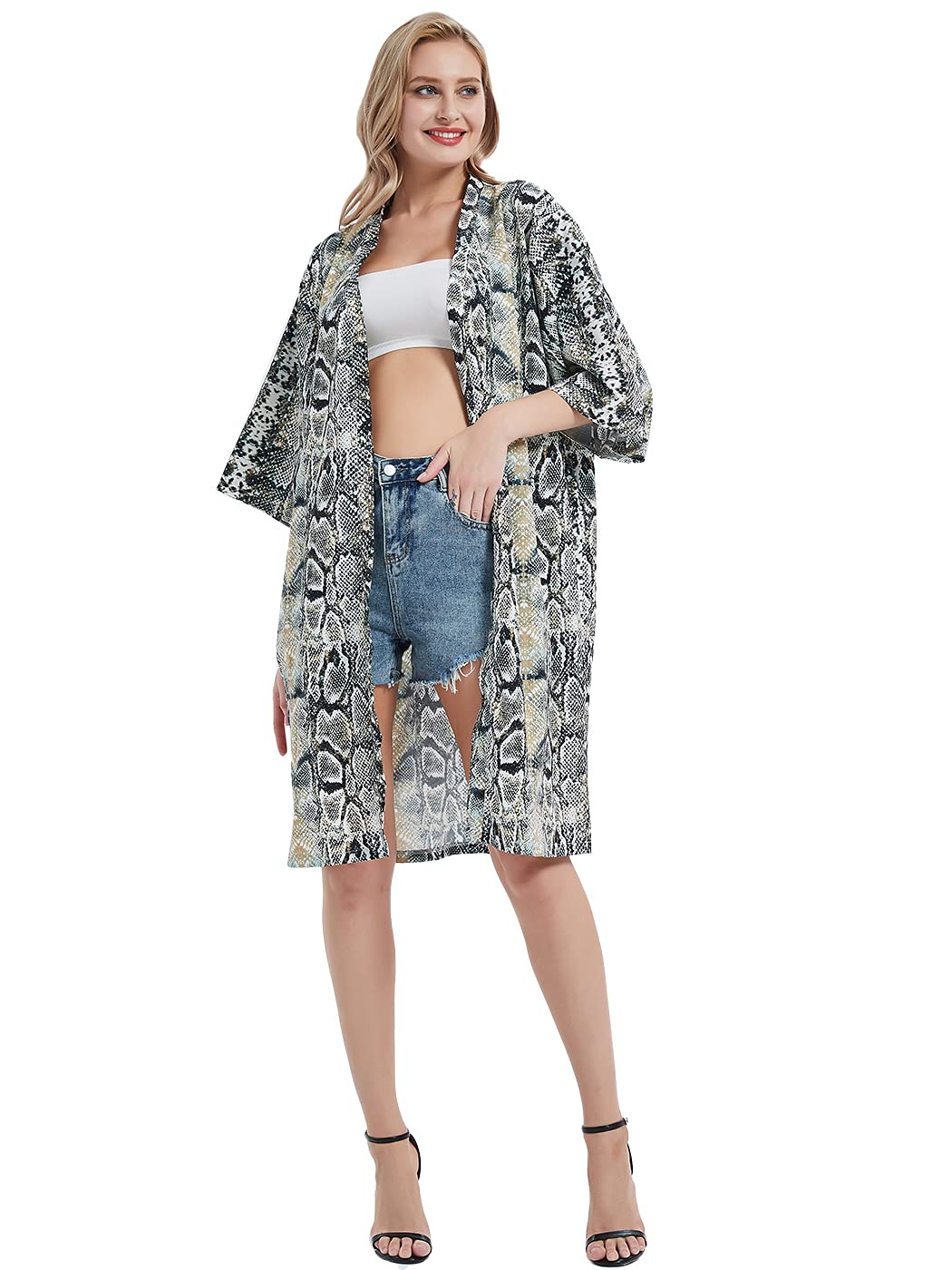 Anna-Kaci Women's Floral Print Short Sleeve Cardigan - Lightweight Long Open Front Kimono Cover Up - Perfect for Beach, Vacation & Casual Outfits