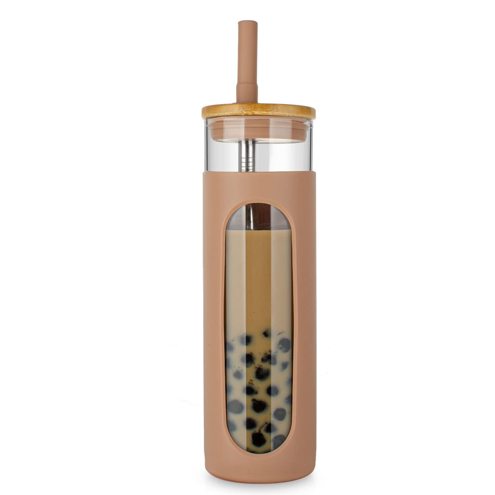 26oz Glass Tumbler with Bamboo Lid & Straw - Spill Proof BPA Free Glass Cup for Boba Tea, Iced Coffee, Smoothies - Dishwasher Safe with Silicone Protective Sleeve - Perfect for Office, Gym, Travel & Outdoor Activities