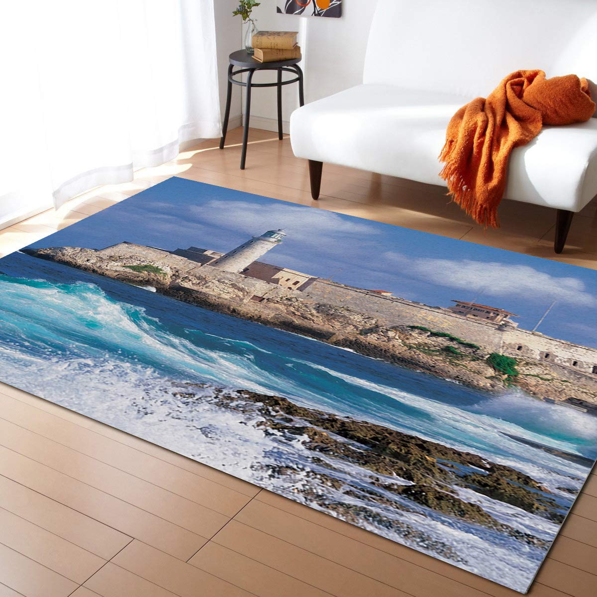 Non-Slip Contemporary Indoor Area Rug with Ocean Wave Sailing Lighthouse Design - Puerto Rico Inspired Rubber Backed Carpet, Fade-Proof & Washable for Living Room, Bedroom, Office Decor - 4' x 6' - Perfect for Coastal, Nautical or Beach House Themes