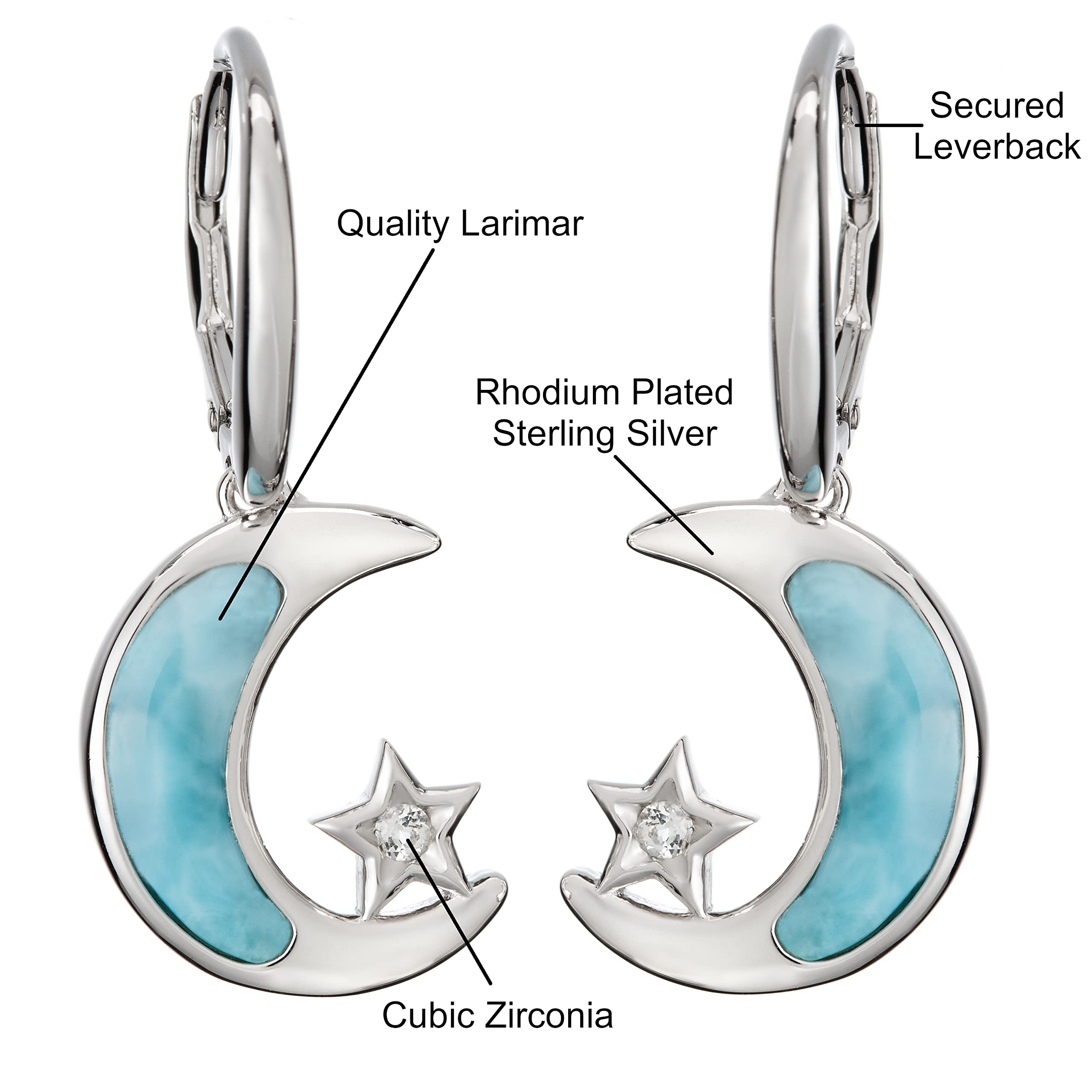 925 Sterling Silver Natural Larimar & Cubic Zirconia Star Moon Dangle Earrings | Hypoallergenic Nickel-Free Jewelry for Sensitive Skin | Gift Box Included | Perfect for Date Night, Wedding & Special Occasions
