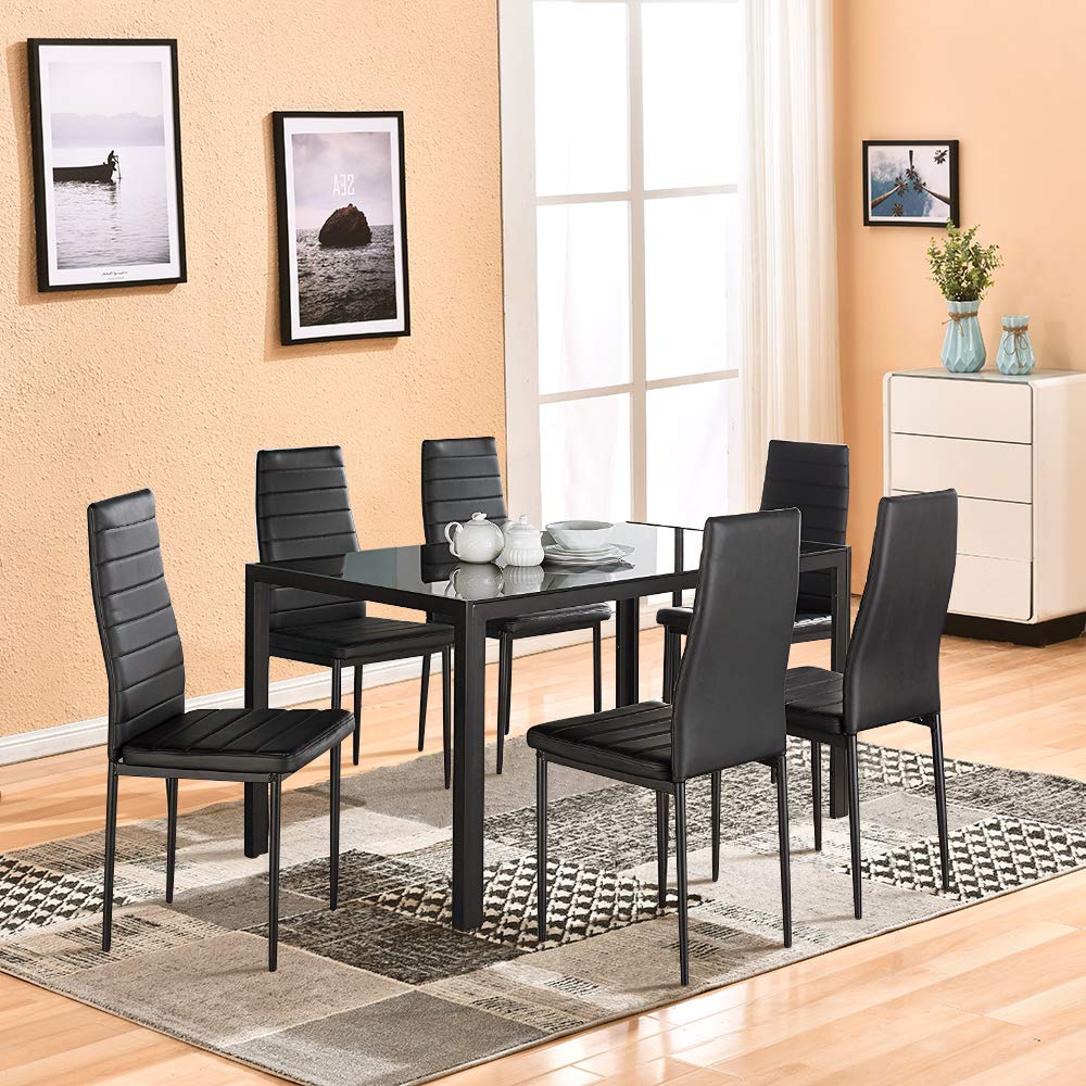 Modern 7-Piece Glass Dining Table Set with Tempered Glass Top & PU Leather Chairs - Black Contemporary Dining Room Furniture for Family Gatherings & Dinner Parties