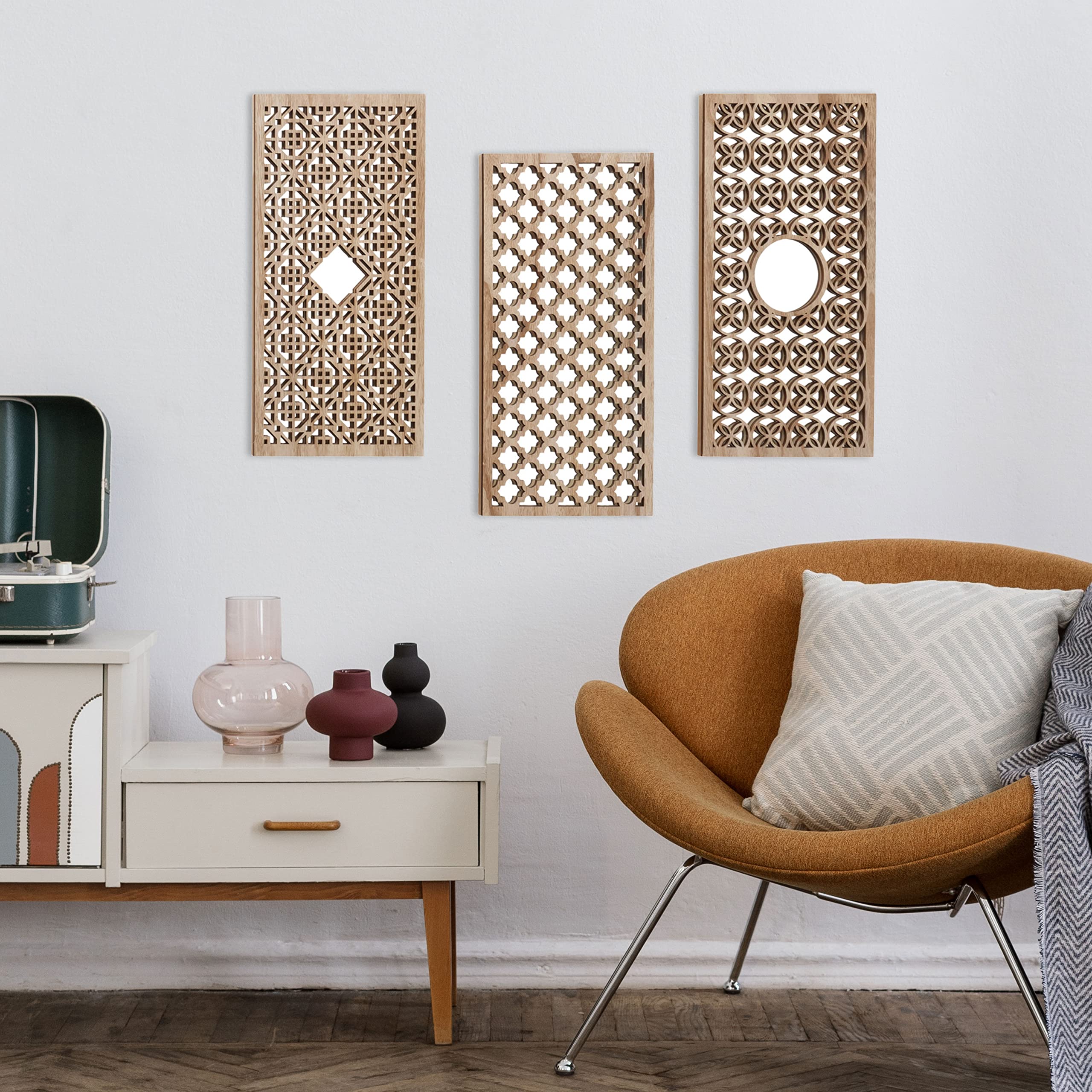 WHW Whole House Worlds Hamptons Lattice Framed Mirrors - Set of 3 Rectangle Wall Mirrors with Brilliant Reflective Glass, Rustic Wood Grain MDF Frame (23.5