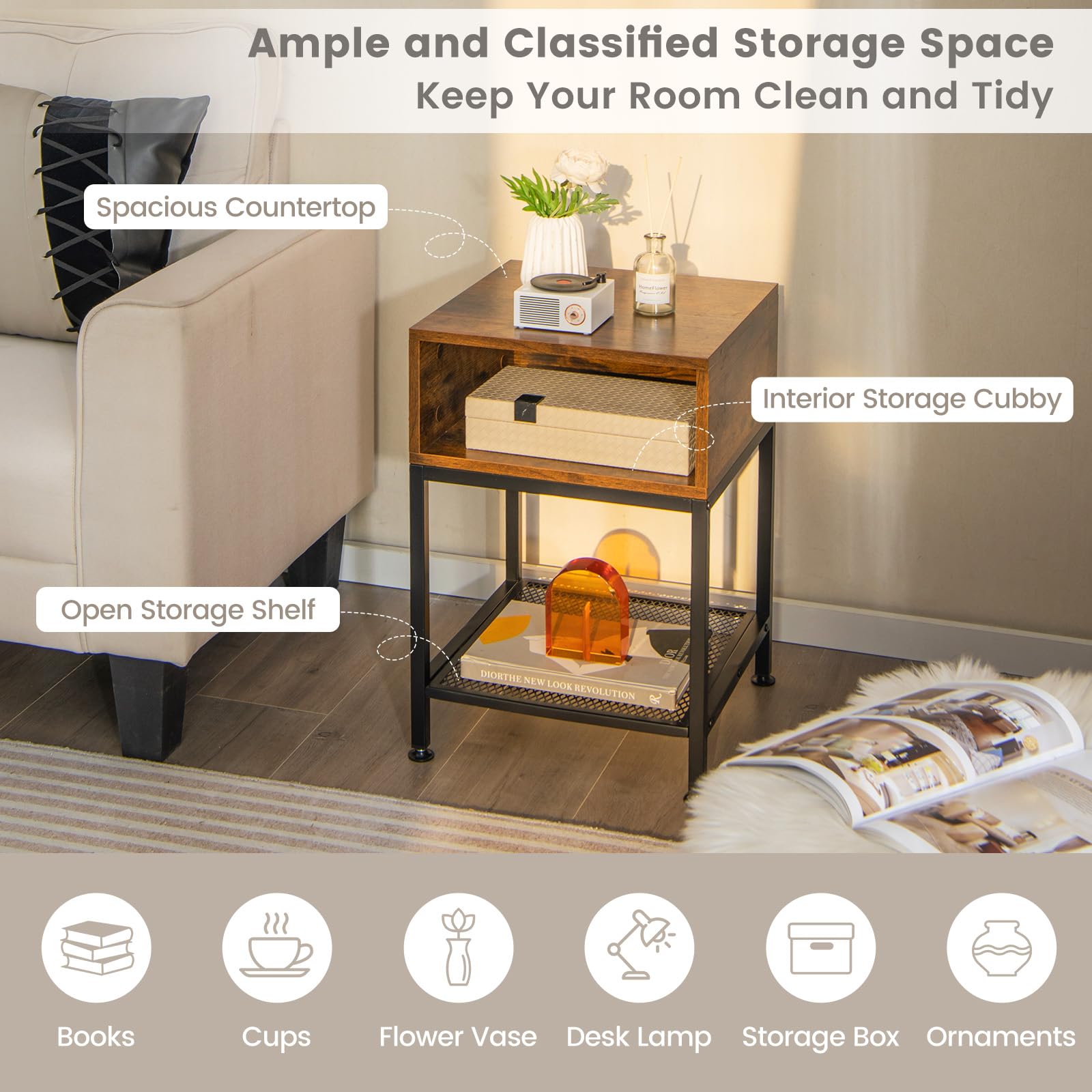 Giantex 2-Tier Industrial End Table Set of 2 with Open & Mesh Storage Shelves - Sturdy Metal Frame Telephone Table for Small Spaces - Rustic Brown Bedside Nightstand for Living Room & Bedroom - Perfect for Compact Apartments, Dorms and Office Spaces