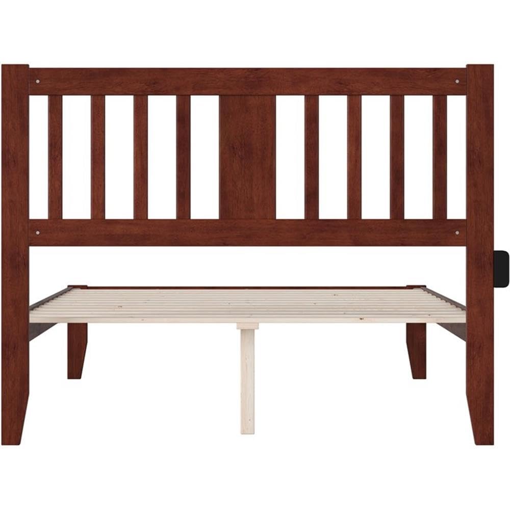 BOWERY HILL Traditional Solid Wood Full Size Spindle Bed Frame with USB Turbo Charger - Walnut Finish for Bedroom, Guest Room & Dormitory