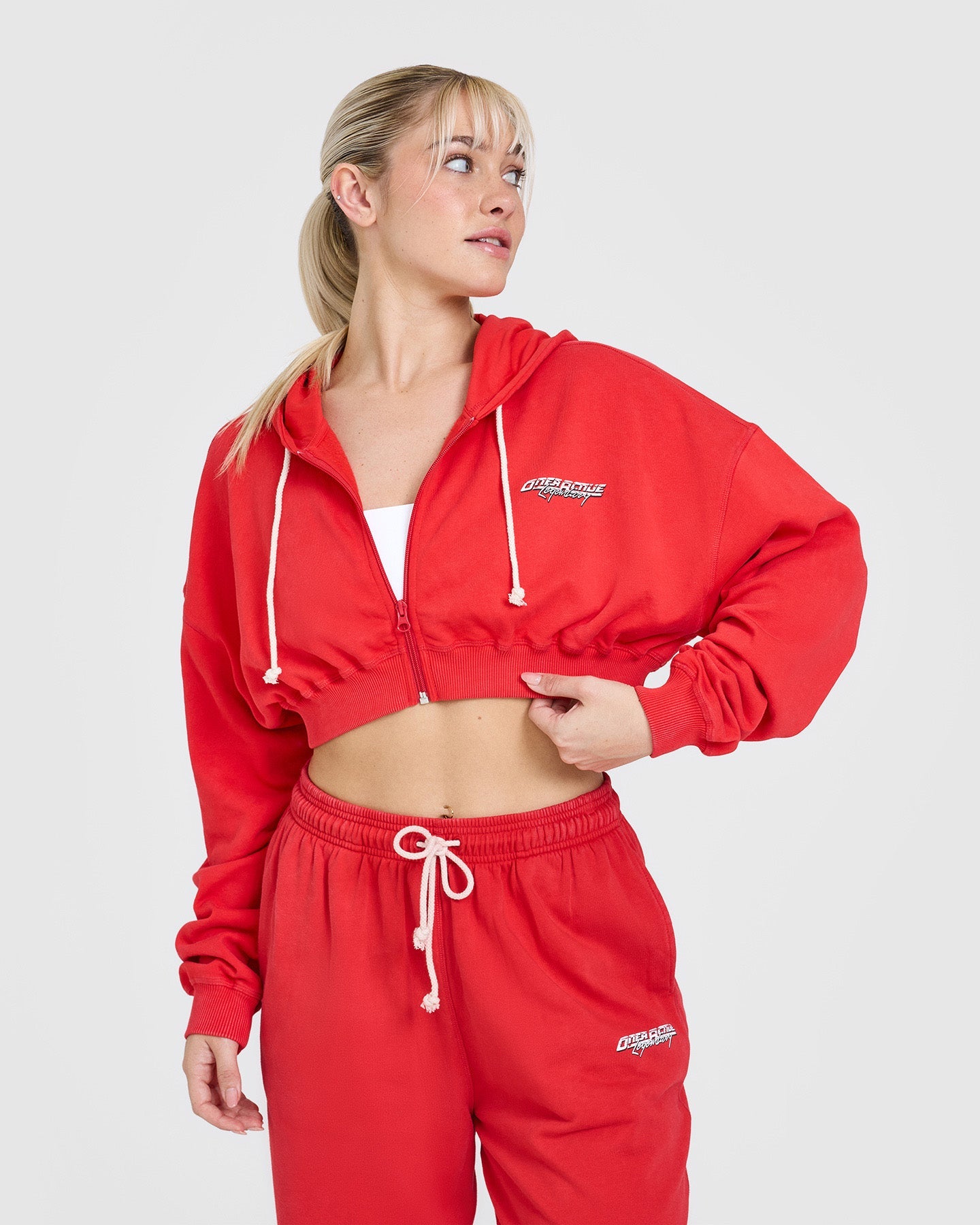 Raw Lounge Crop Zip Through Hoodie with Graphic Print | Muscle Mommy Red | Women's Fashion Streetwear for Gym, Yoga & Casual Outfits