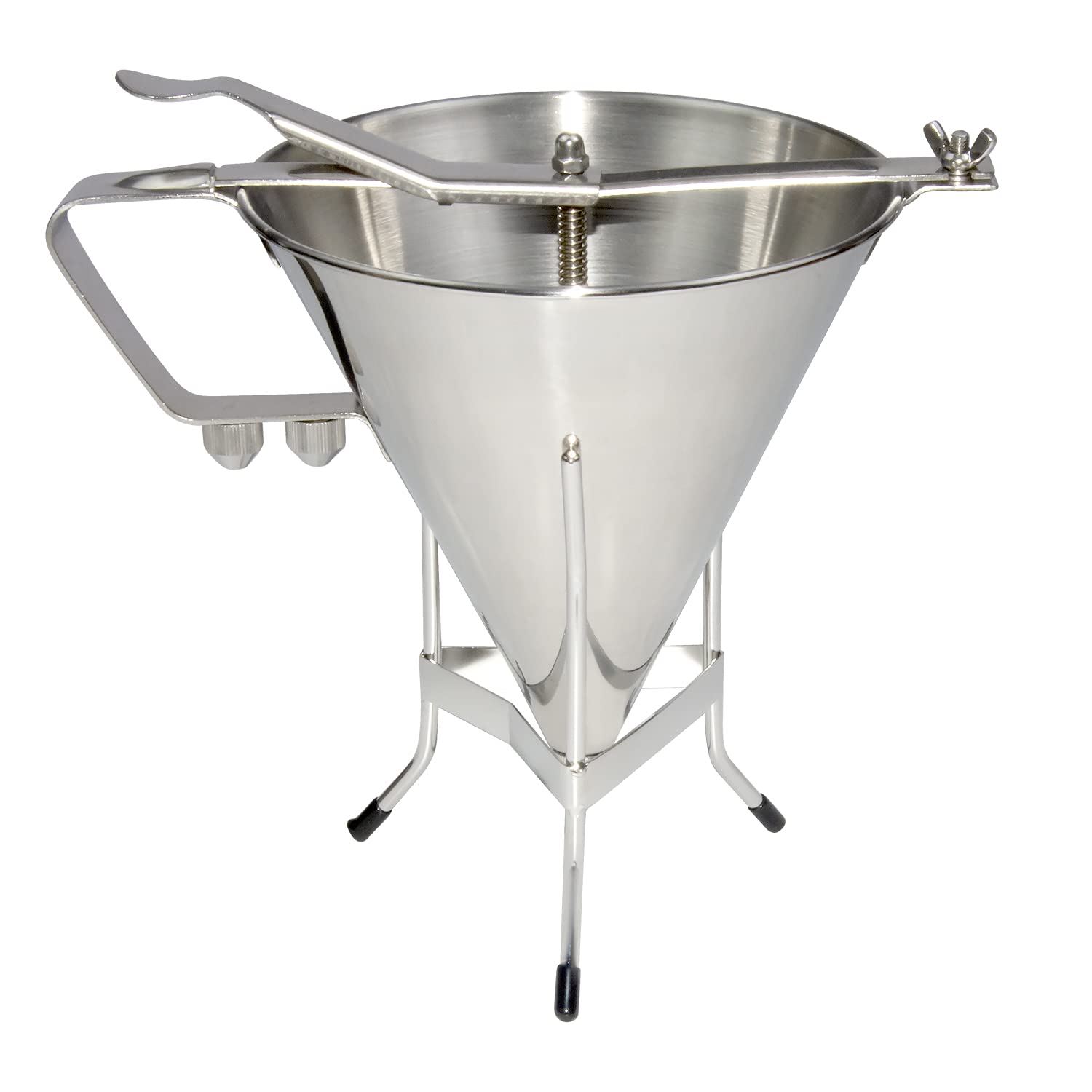 Stainless Steel Pancake Batter Dispenser with Stand - 3 Nozzles Funnel Cake Maker for Pancakes, Waffles, Cupcakes & Takoyaki - 61oz Commercial Grade Confectionery Piston Funnel - Perfect for Breakfast, Desserts & Street Food Stalls