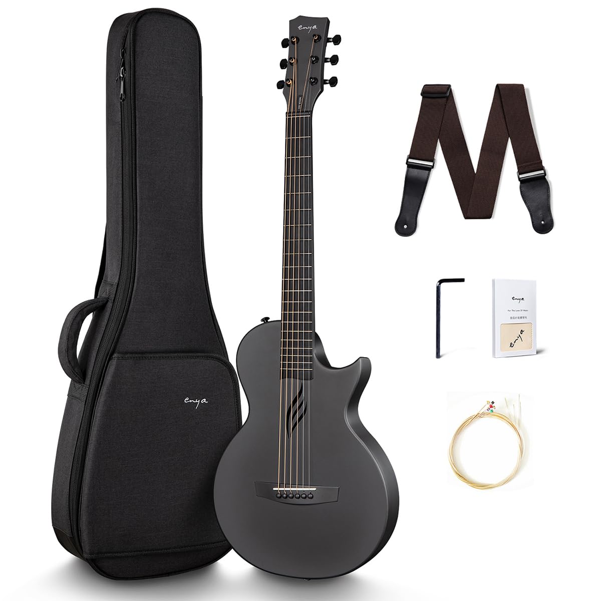 **Enya Nova Go 1/2 Size Carbon Fiber Acoustic Guitar for Beginners & Adults – Travel Guitar with Starter Bundle (Black) – Includes Gig Bag, Strap, Cleaning Cloth & Strings – Perfect for Camping, Travel & Outdoor Performances**