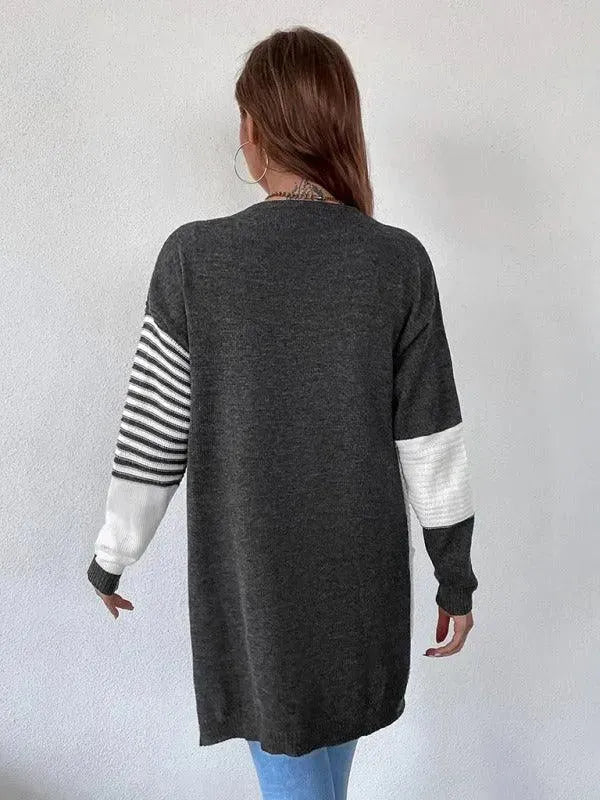 Women's Striped Patchwork Cardigan Sweater - Cozy Knit Pullover for Casual Outfits & Fall Layering