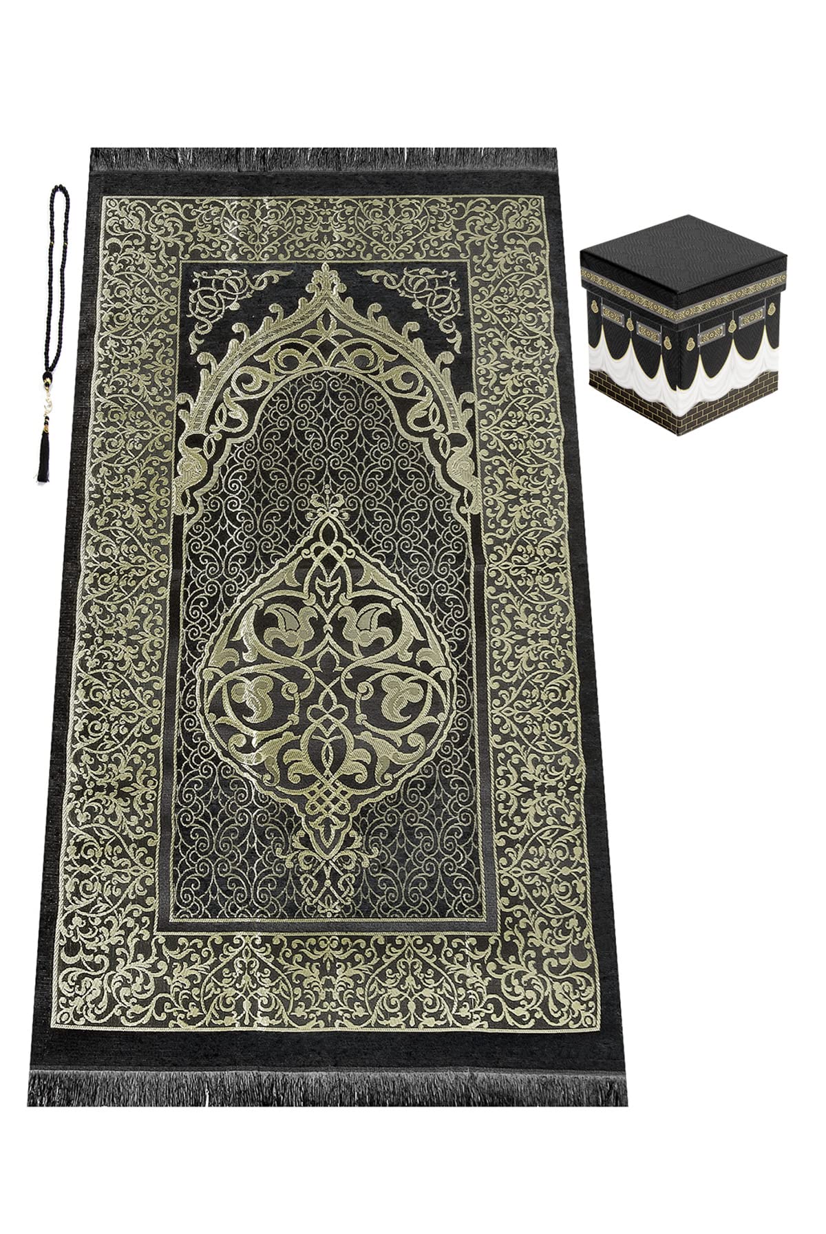 Premium Muslim Prayer Rug with Kaaba Design - Islamic Salah Mat for Worship, Namaz Rug & Sajadah - Gift Box Included - Perfect Islamic Gift for Men & Women - Black - Ideal for Home, Mosque & Travel Prayer