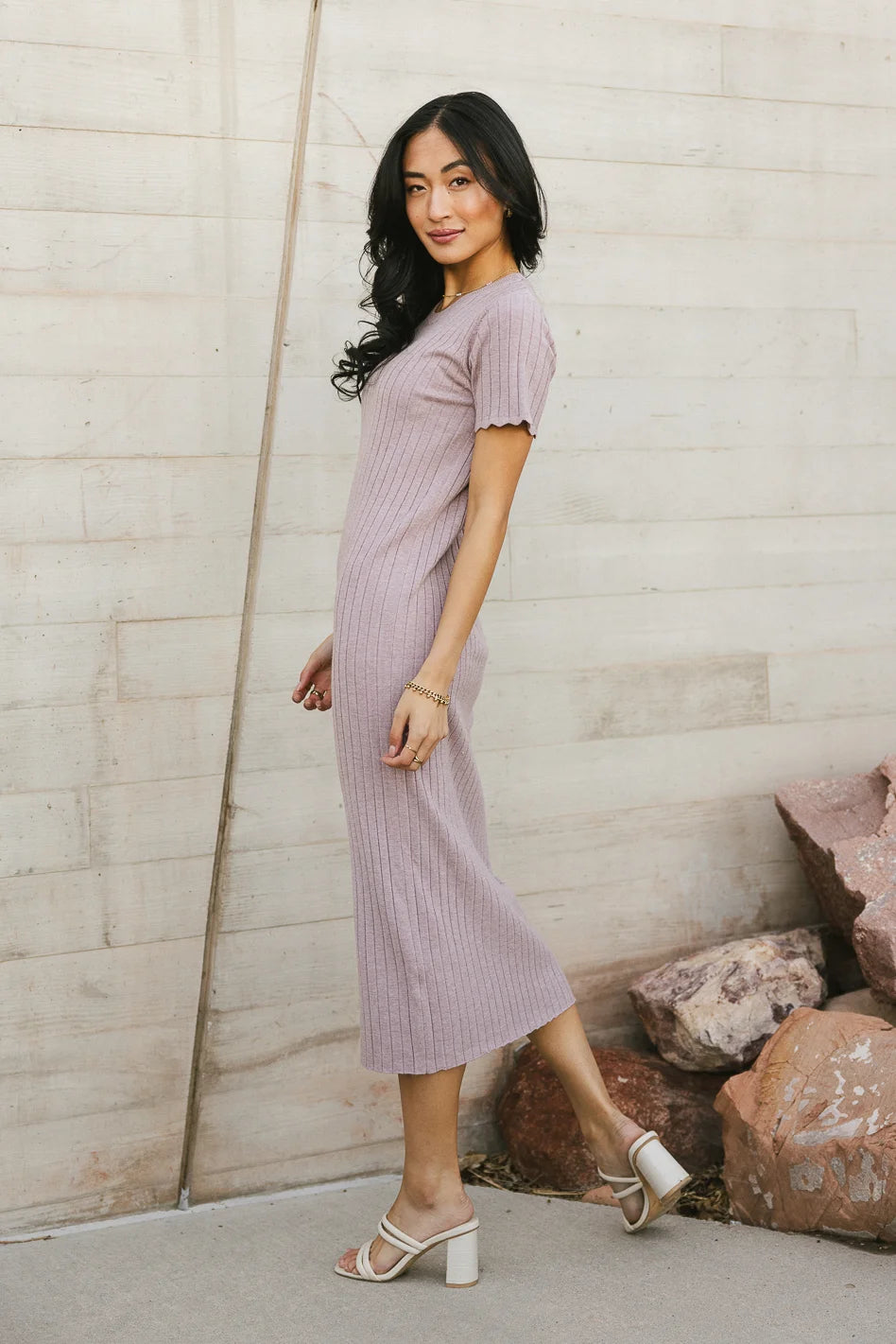 Emmie Ribbed Midi Dress in Lavender | Women's Stretchy Bodycon Dress with Long Sleeves | Perfect for Date Night, Office Wear & Fall Outfits | FINAL SALE