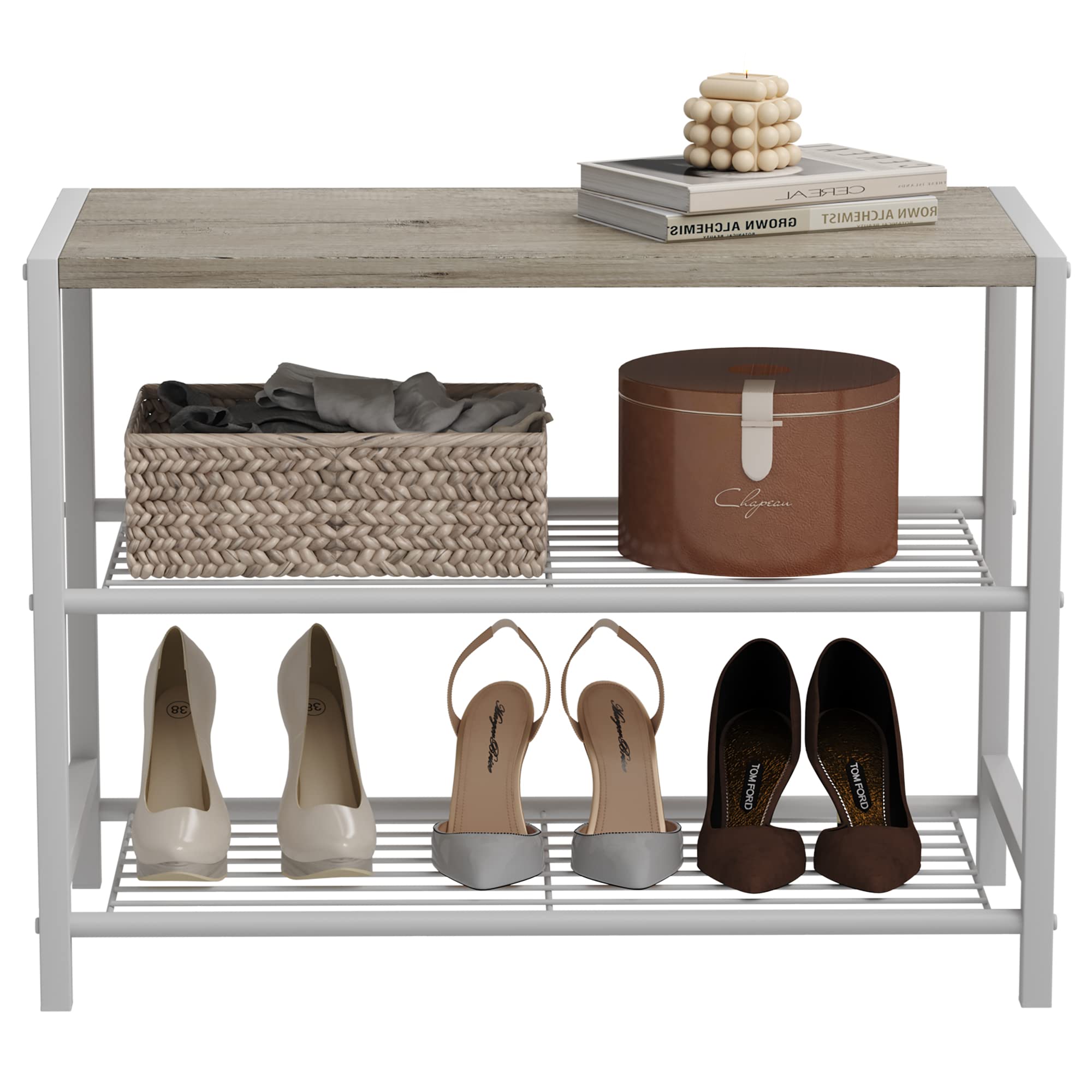 HOMEFORT 3-Tier Metal Shoe Rack - Space Saving Shoe Storage Shelf, Industrial Shoe Organizer Tower for Closet, Entryway & Small Spaces - Durable Narrow Shoe Table with White Oak Finish - Perfect for Apartments, Dorm Rooms & Mudroom Organization