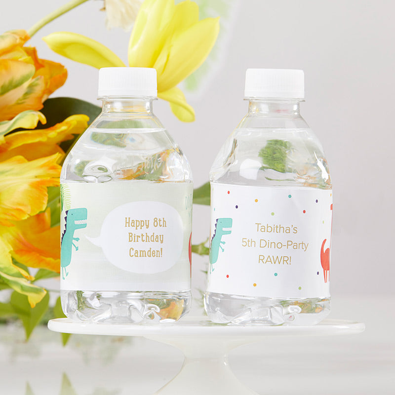 Custom Water Bottle Labels for Dino Themed Birthday Parties - Personalized Name Stickers for Kids' Party Favors & School Events