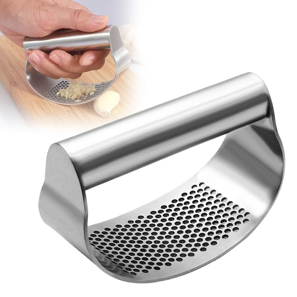 2024 Stainless Steel Garlic Press - Rocker Mincer with Peeler & Brush for Easy Kitchen Prep