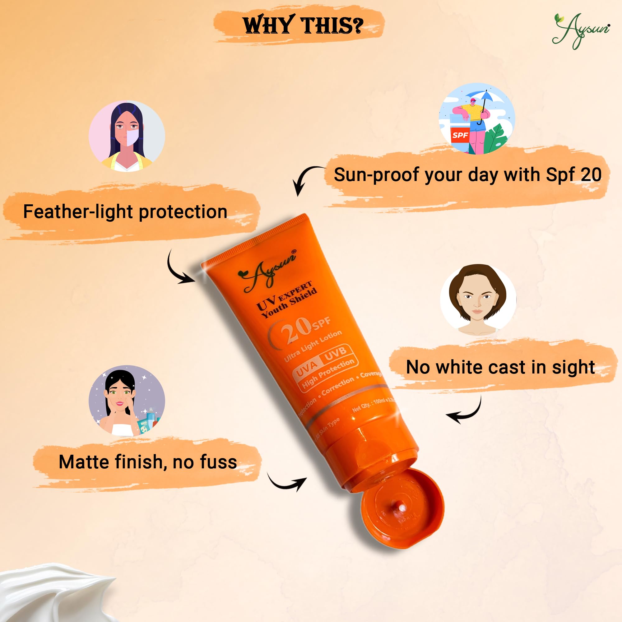 Aysun SPF25 Matte Finish Sunscreen for Oily Skin - Oil-Free, Non-Greasy Formula with UVA/UVB Protection | Water-Resistant, Long-Lasting Face Primer | Perfect for Daily Wear, Outdoor Activities & Makeup Base (100g)