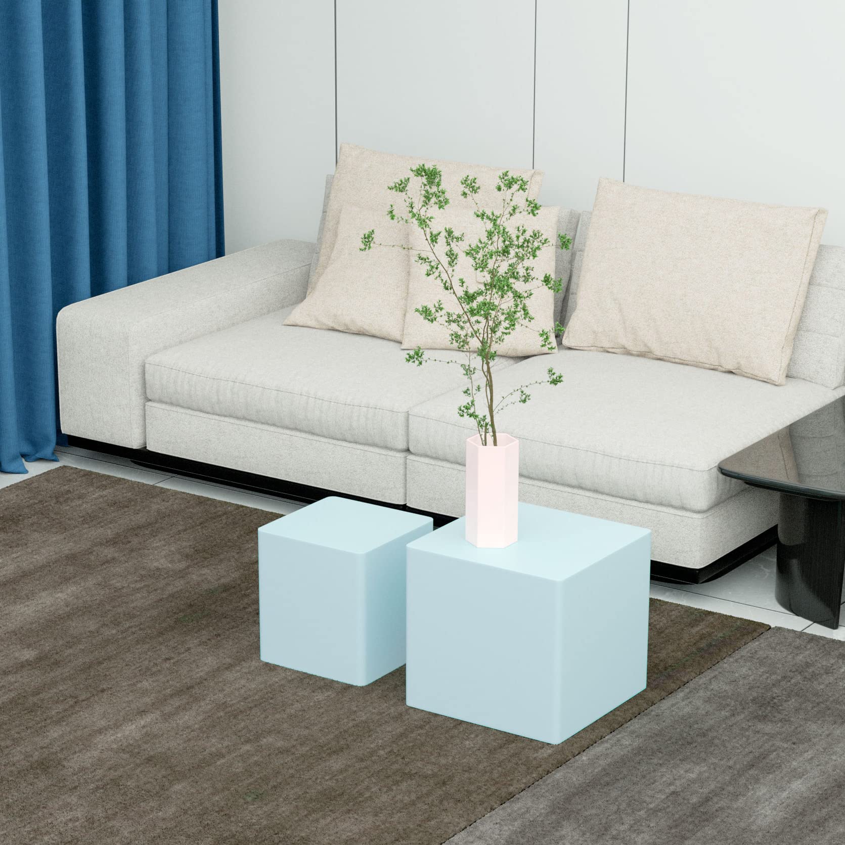 Modern Nesting Table Set of 2 - Light Blue MDF Coffee & Side Tables for Living Room, Office, Bedroom - 15.75