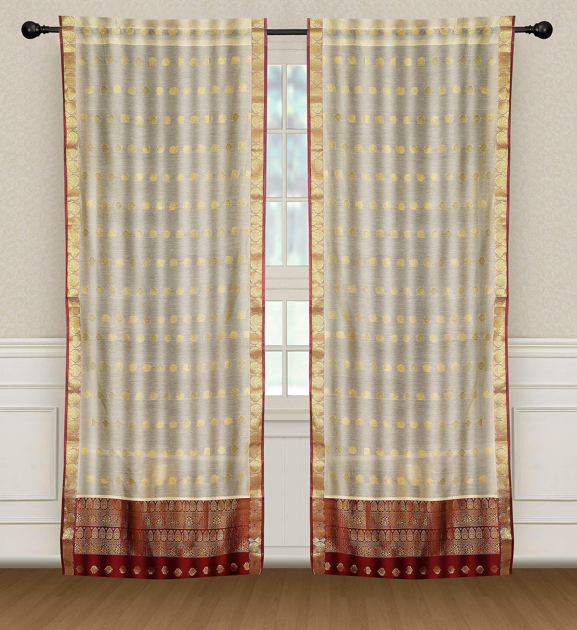 2 Lined Cream Bohemian Indian Sari Curtains with Rod Pocket - 43W x 84L for Living Room, Bedroom & Boho Home Decor