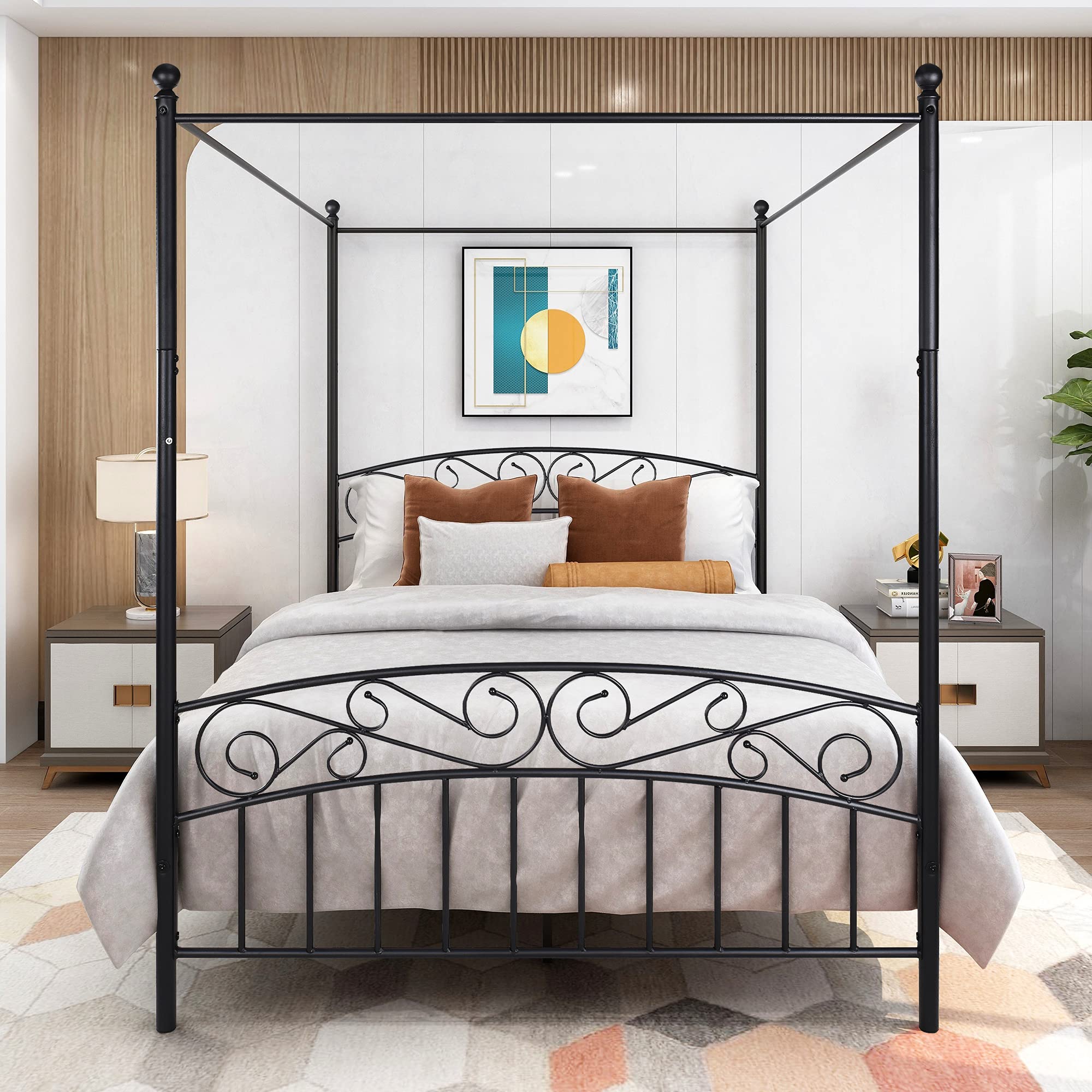 Modern HABITRIO Queen Metal Canopy Bed Frame with Headboard & Footboard - 4 Post Corner Bed with Sturdy Metal Slat Support (No Box Spring Needed) - Perfect for Master Bedrooms, Guest Rooms & Bohemian Style Decor