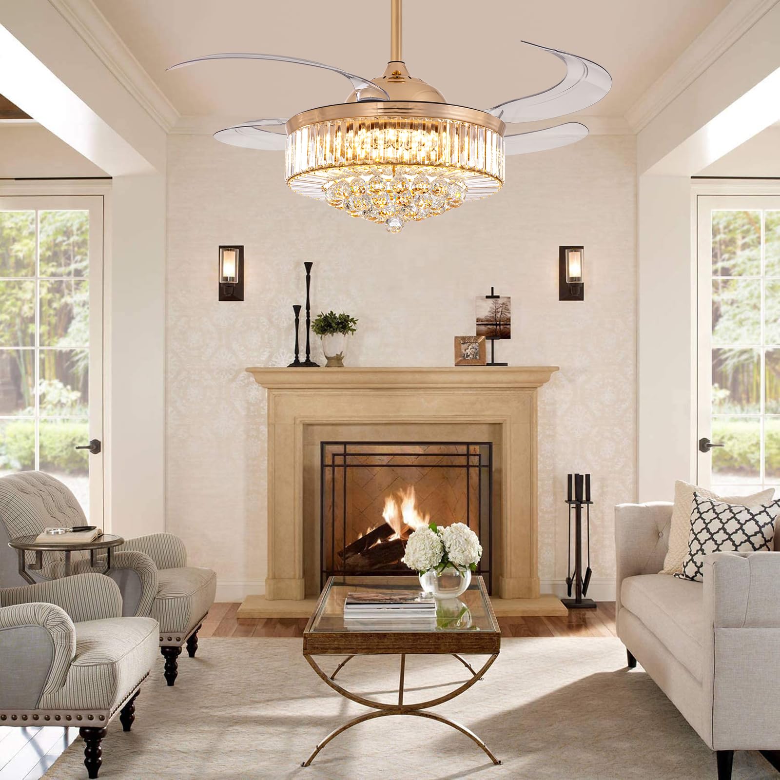 48 Inch Crystal Ceiling Fan with Light and Remote Control - Modern Dimmable Fandelier, Invisible Retractable Chandelier Fan in Gold Finish - Perfect for Bedroom, Living Room, Dining Room and Home Office Decor