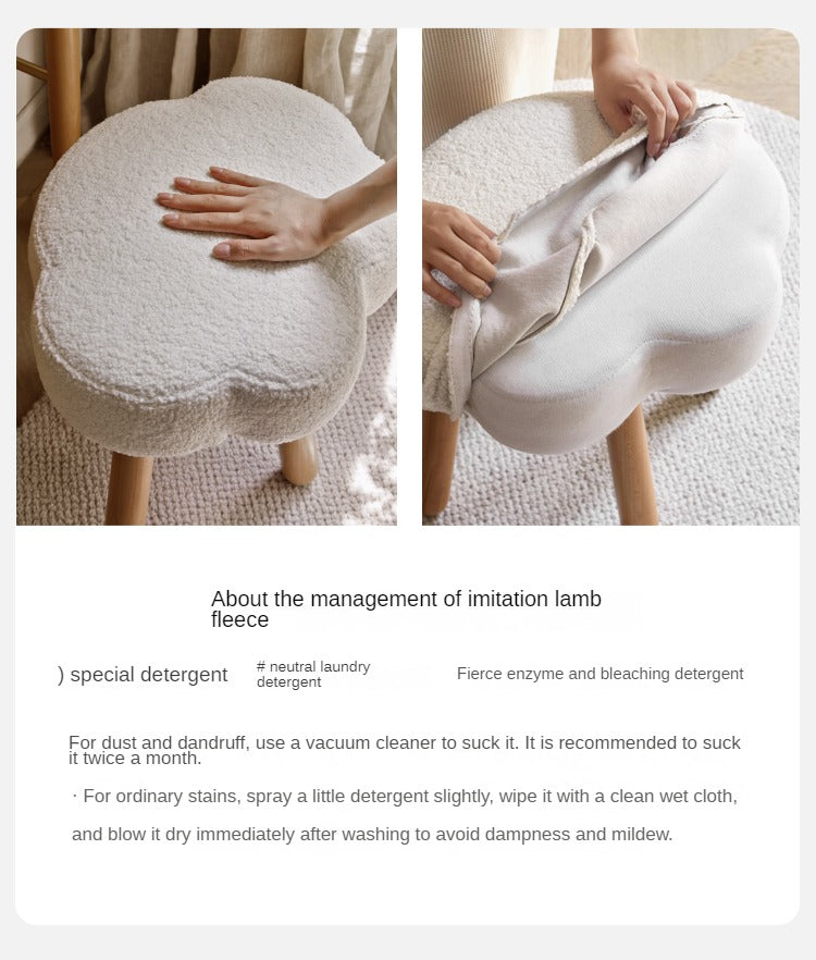 Solid Wood Makeup Stool - Beech & Birch with Lamb Velvet Upholstery | Cloud-Shaped Seat for Vanity, Dressing Room & Bedroom Decor