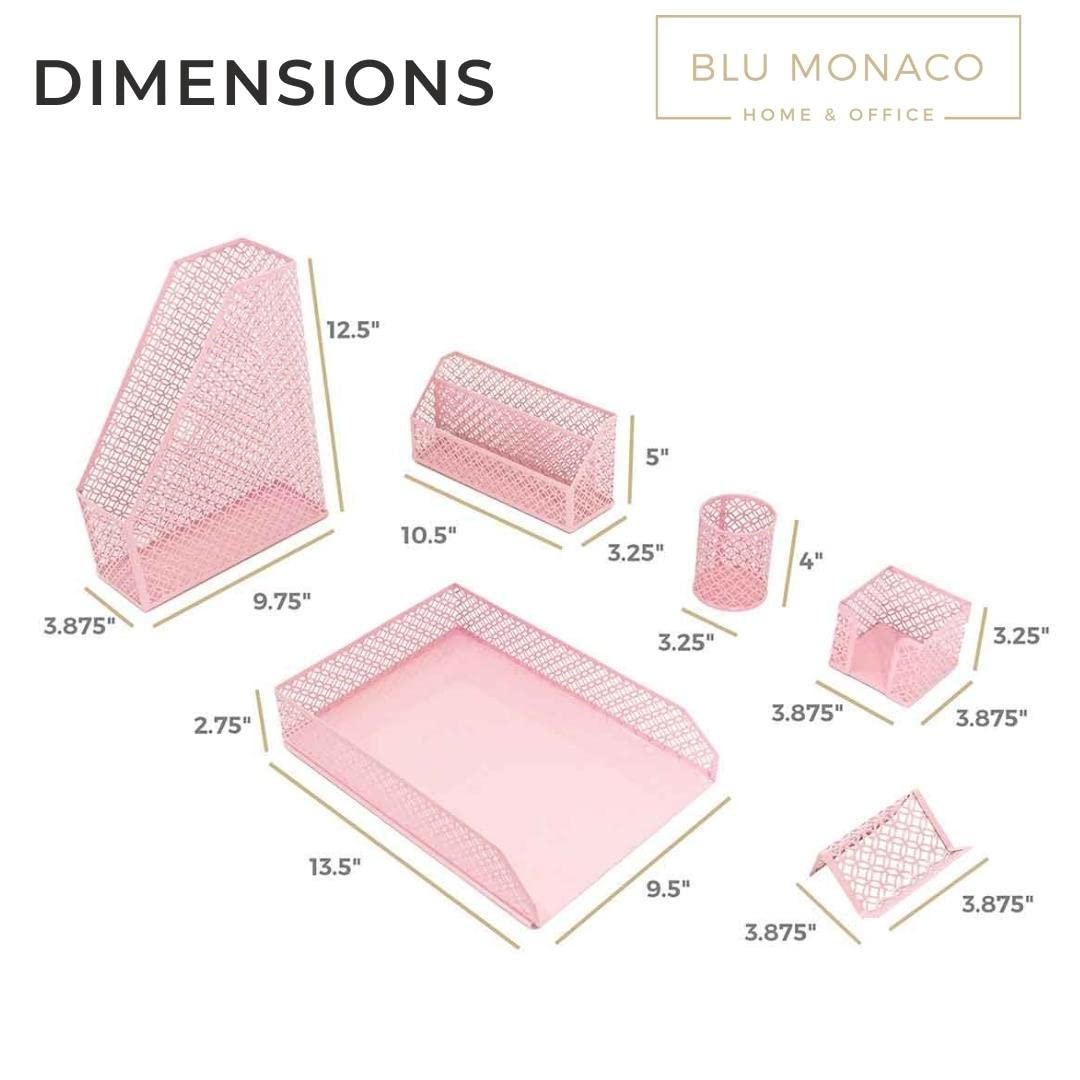 BLU MONACO Pink Desk Organizer Set - Stylish Mail Sorter, Sticky Note Holder, Pen Cup, Magazine Holder, Letter Tray & Business Card Holder | Perfect for Office, Home & Workspace Organization - Elegant Pink Office Decor