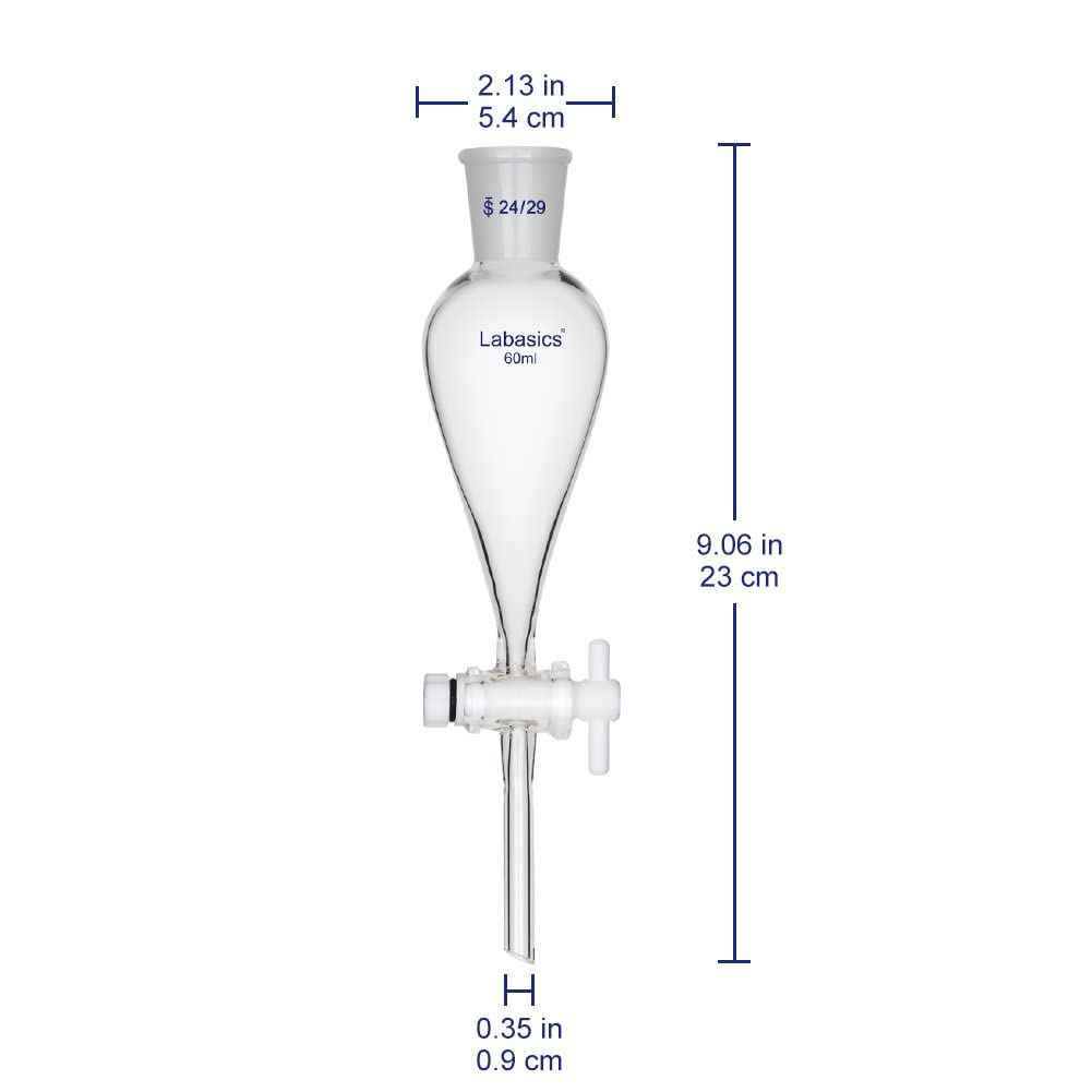 Labasics 60ml Heavy Wall Borosilicate Glass Conical Separatory Funnel with 24/29 Joints & PTFE Stopcock - Ideal for Chemical Separation, Liquid Extraction & Laboratory Experiments