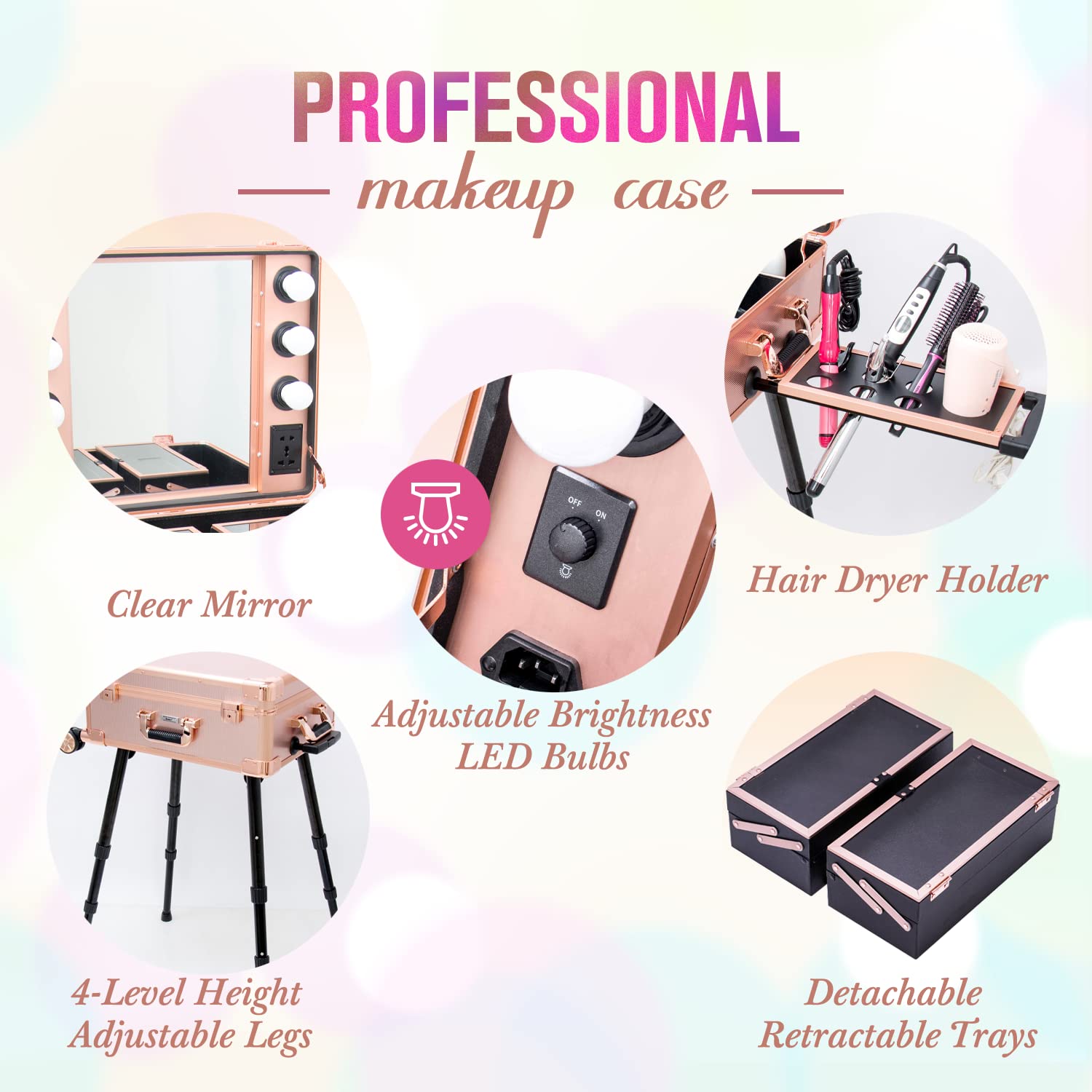 Kemier Professional Makeup Case with LED Lighted Mirror, Portable Cosmetic Organizer with 4 Wheels, Extendable Trays & Adjustable Legs - Rose Gold | Perfect for Home, Travel & Professional Makeup Artists