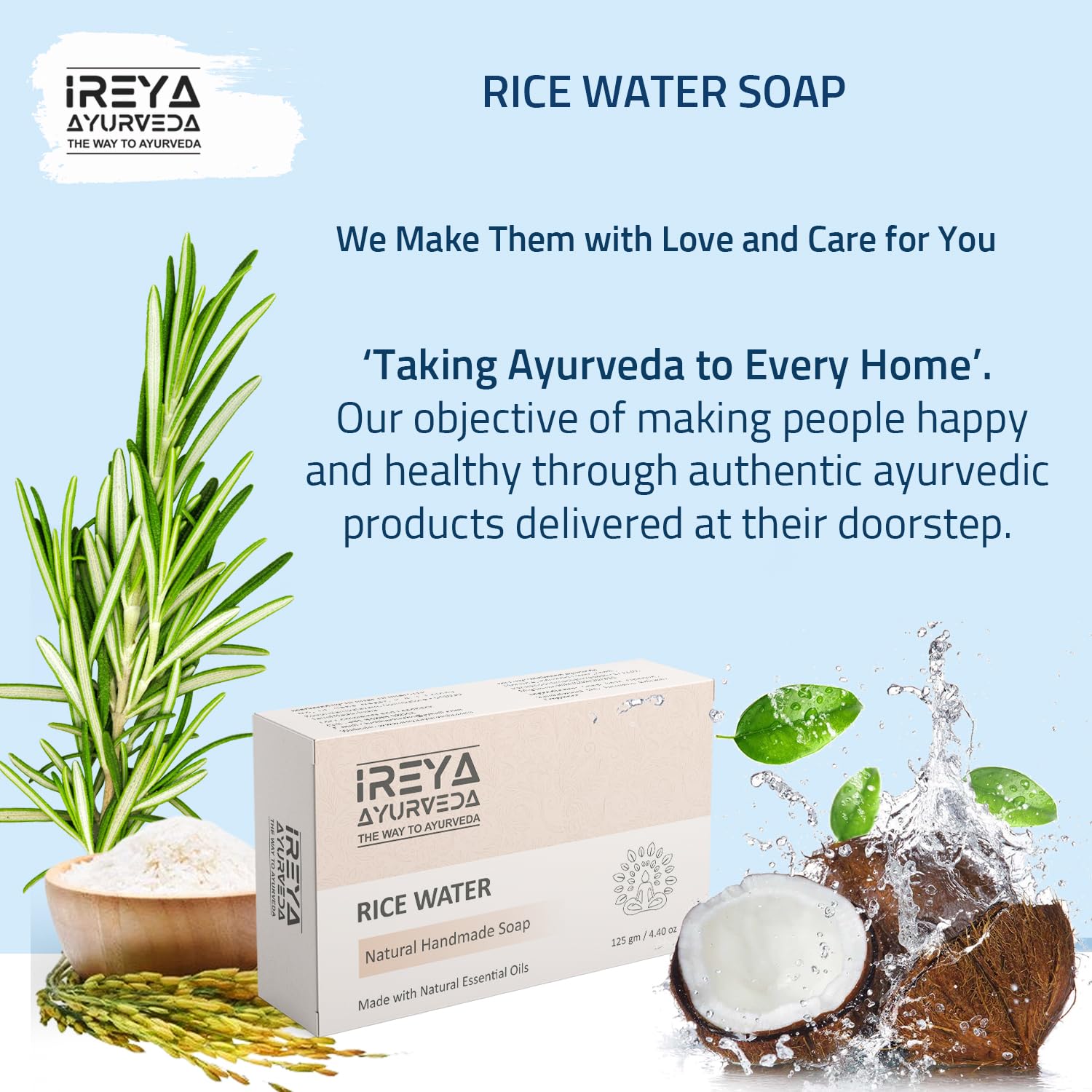 Natural Rice Water Soap with Rosemary & Coconut Oil - Handmade, Vegan, Moisturizing Bar Soap for Face & Body Care - Perfect for Dry Skin & Daily Cleansing Routine