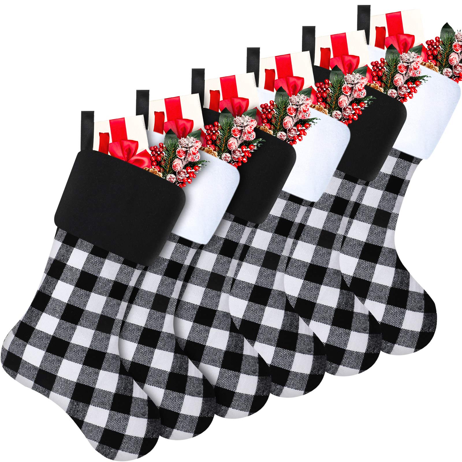 Skylety 20 Inch Christmas Stockings - Plaid Holiday Stockings with Faux Fur Cuff for Fireplace Decorations, Family Xmas Party (Black & White, Set of 6) - Perfect for Christmas Tree Decor, Gift Exchange & Festive Home Decor