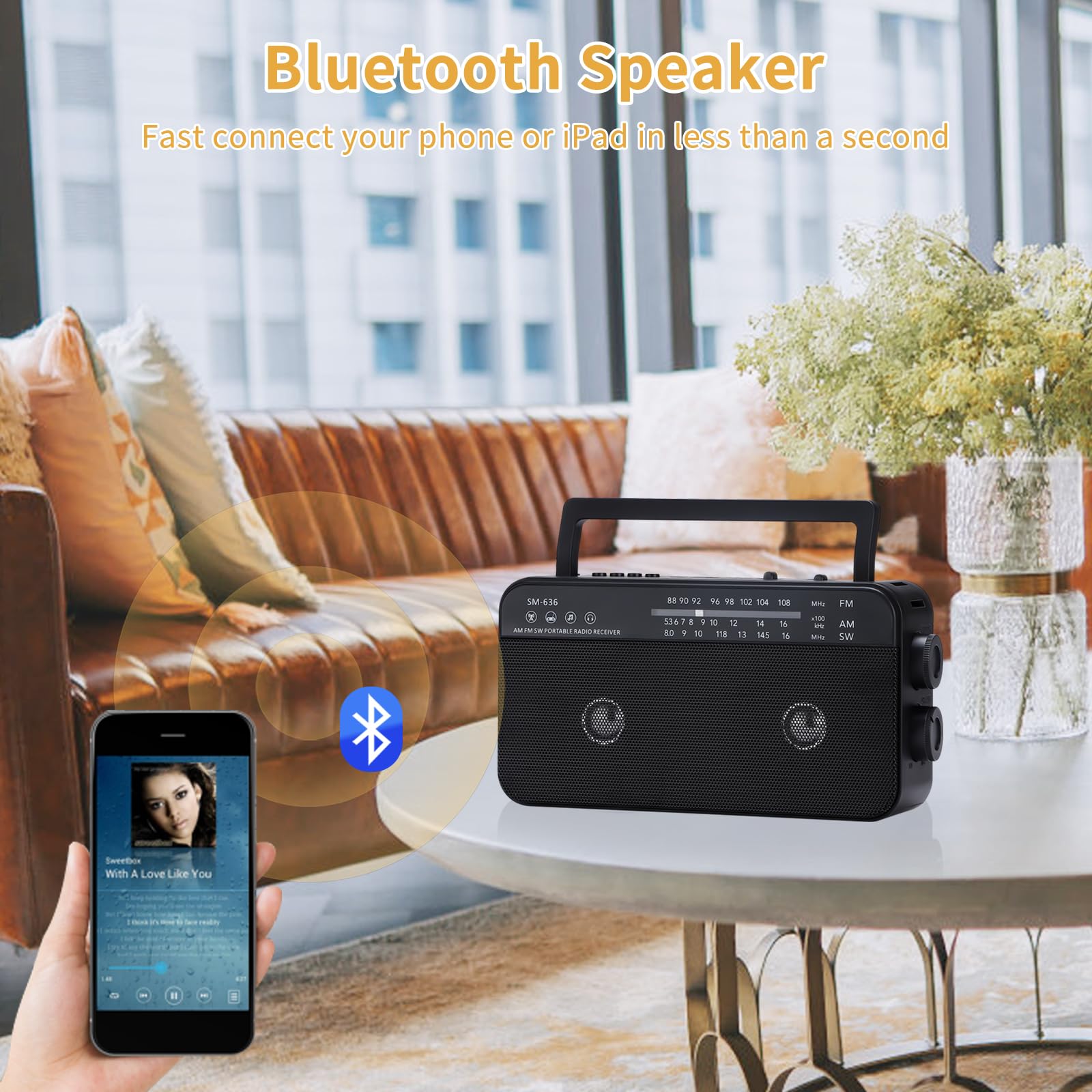Portable AM FM Shortwave Radio with Bluetooth Speaker - Plug in Wall or 3X D Cell Batteries - AC Power Transistor Radio with 2 Tone Mode & Dual Loud Speakers - Supports AUX/USB/TF Card Playback - Perfect for Camping, Emergencies & Home Use
