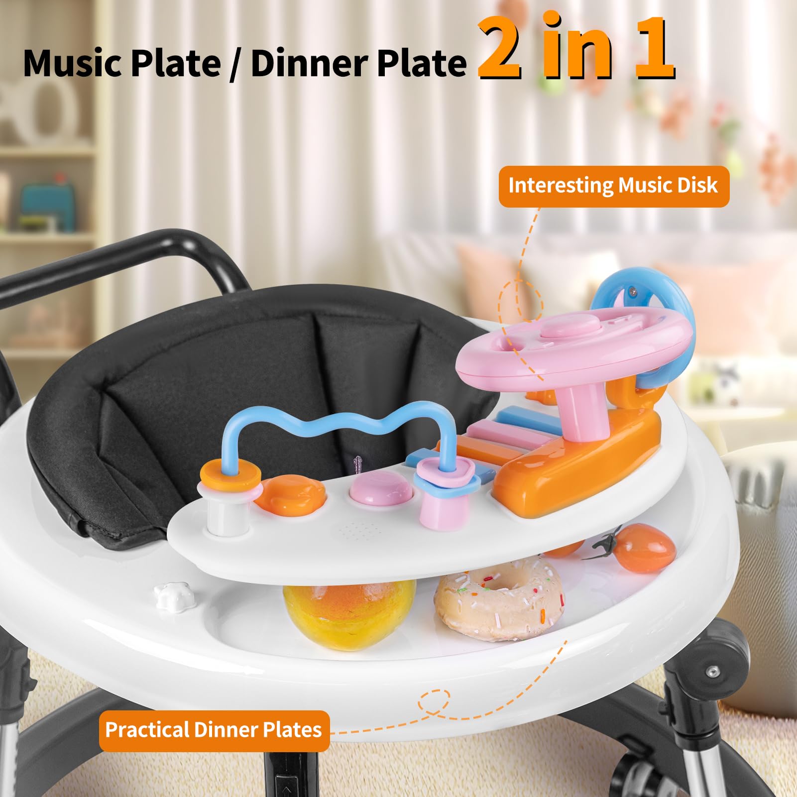 Foldable 9-Speed Adjustable Baby Walker with Wheels & Music - Anti-Fall Infant Activity Center with Foot Pads for Boys & Girls 6-24 Months - Perfect for Learning to Walk & Indoor Playtime