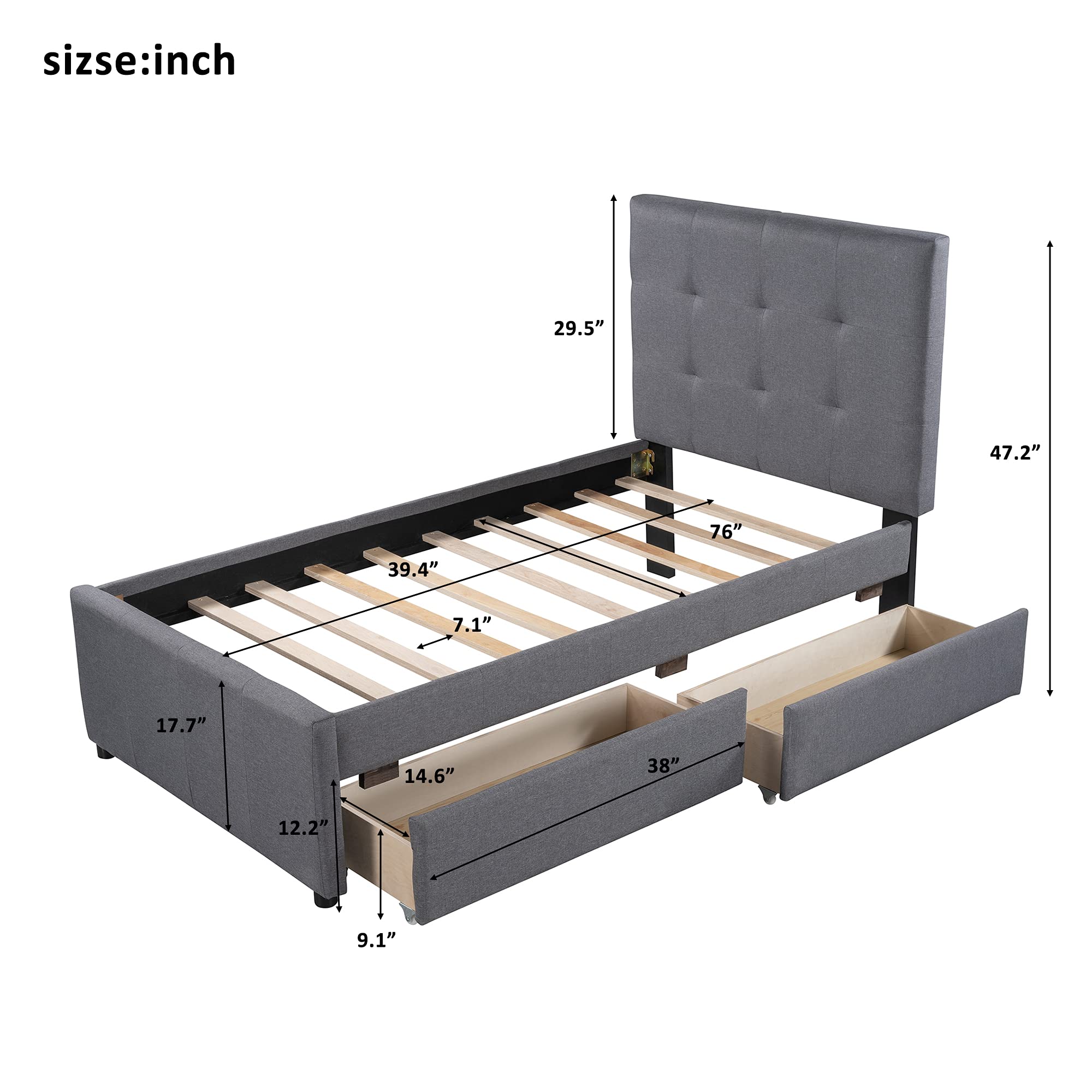 Upholstered Platform Bed with 2 Storage Drawers - Twin Size Linen Fabric Wood Slat Support, No Box Spring Required | Modern Bedroom Furniture for Small Spaces & Guest Rooms
