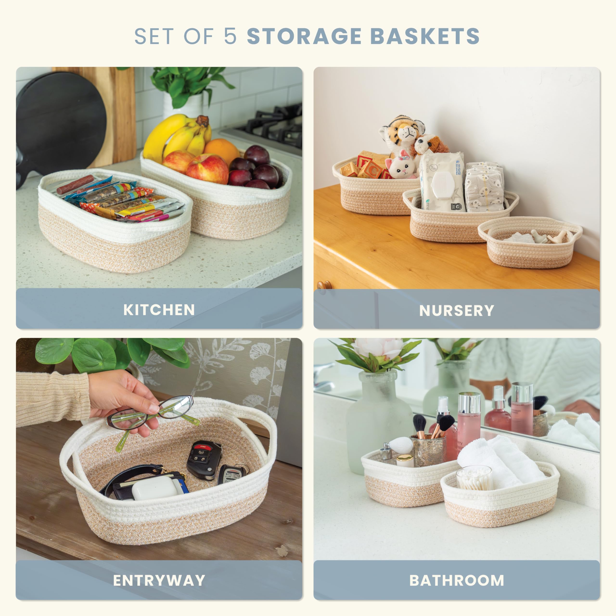 OrganiHaus Set of 5 Small Woven Rope Storage Baskets - Honey & White | Rectangle Organizing Bins for Bathroom, Nursery, Office & Home Decor | Space-Saving Storage Solution for Toiletries, Toys & Essentials