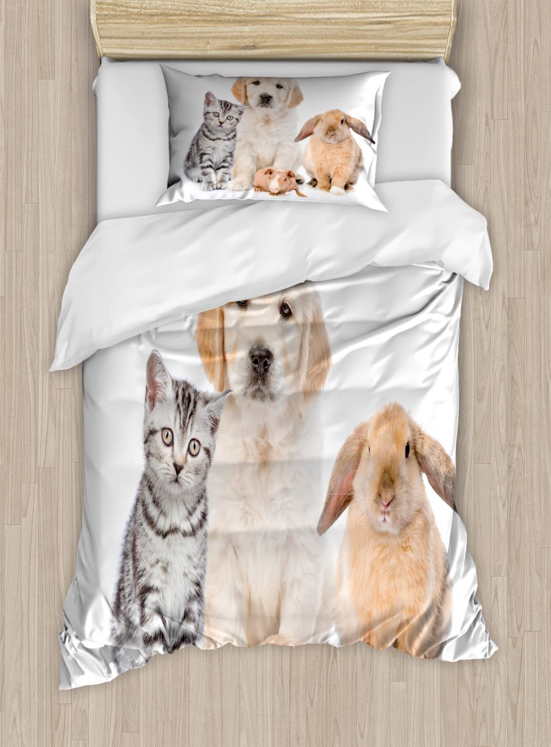Ambesonne Dog and Cat Duvet Cover Set - 2 Pack Twin Size, Bunny Piglet Cat & Dog Staring Design, Pale Peach Taupe Bedding with 2 Pillowcases - Perfect for Pet Lovers' Bedrooms, Guest Rooms & Cozy Home Decor