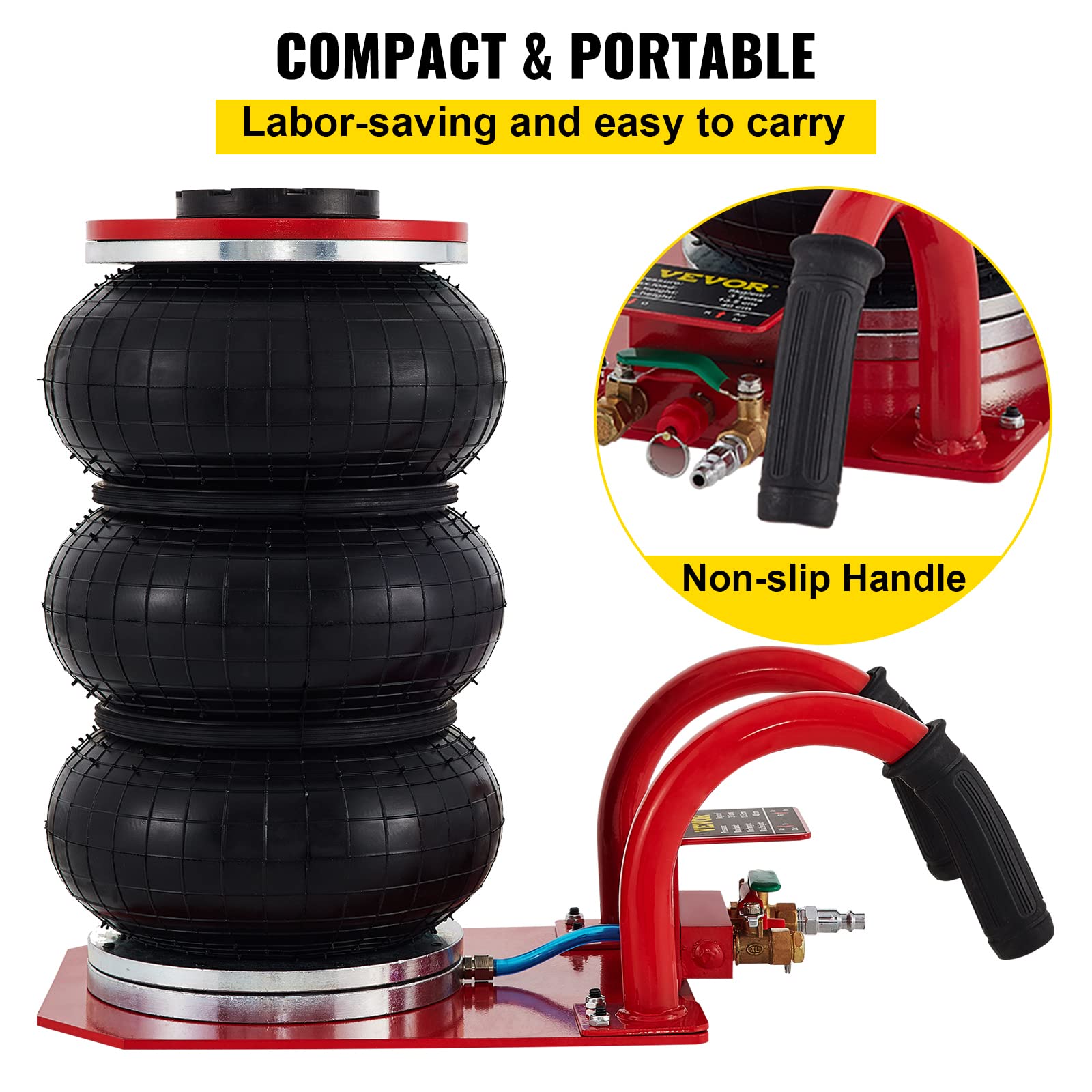 VEVOR 3 Ton (6600 lbs) Triple Bag Air Jack - 15.75 Inch Lift Height, Fast 3-5 Second Inflation - Compact Car Jack with Short Handle (Red) - Ideal for Emergency Roadside Repairs, Tire Changes & Vehicle Maintenance