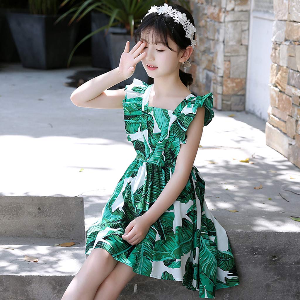 Hawaiian Tropical Sundress for Girls 4-12 Years - Sleeveless Leaf Print Ruched Summer Dress - Casual Beachwear for Kids & Teens - Perfect for Vacations, Parties & Outdoor Adventures