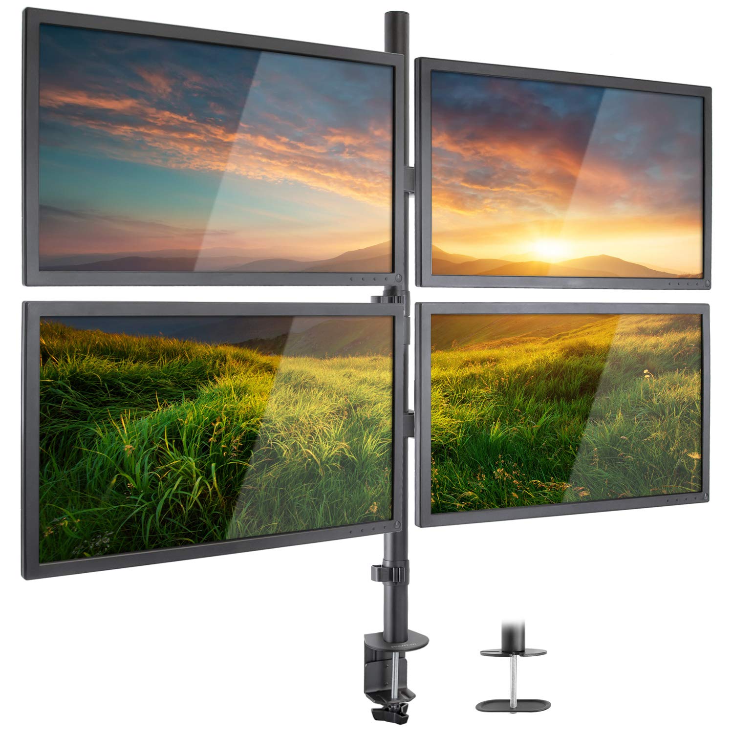 Mount-It! Quad Monitor Stand - Heavy Duty 4 Screen Desk Mount for 19-32 Inch Monitors | Adjustable Height Arms with VESA 75/100 Compatibility | C-Clamp & Grommet Bases | Perfect for Multi-Screen Gaming, Office Work & Trading Stations