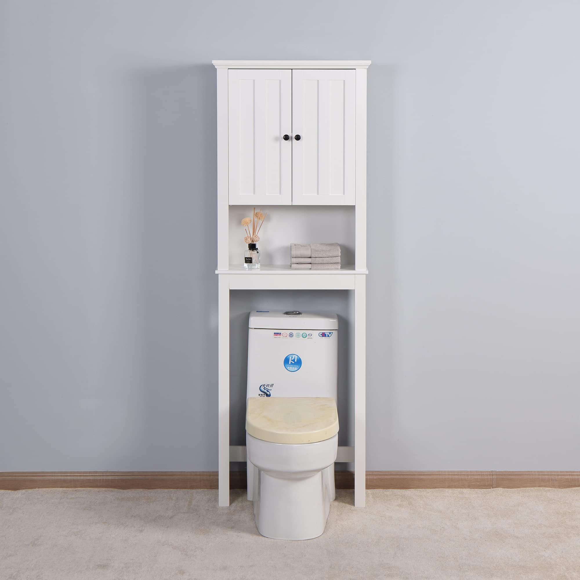 Over-The-Toilet Bathroom Storage Cabinet - Adjustable Shelf Wooden Organizer, Space Saving 23.62x7.72x67.32 Inch White - Perfect for Small Bathrooms, Apartments & Dorm Rooms