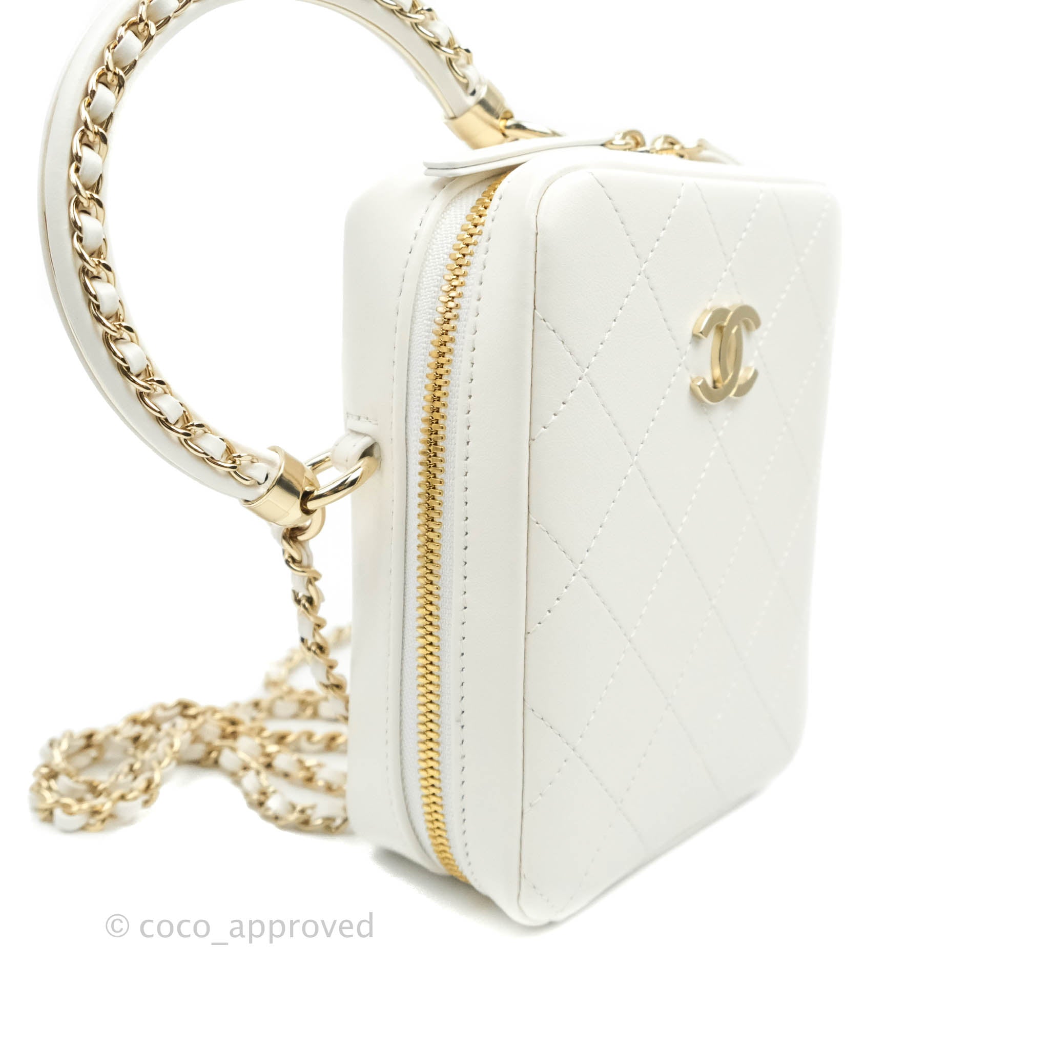 Chanel White Calfskin Circular Handle Zip Around Vanity Case with Gold Hardware - Perfect for Travel, Parties & Everyday Luxury (20S Collection)