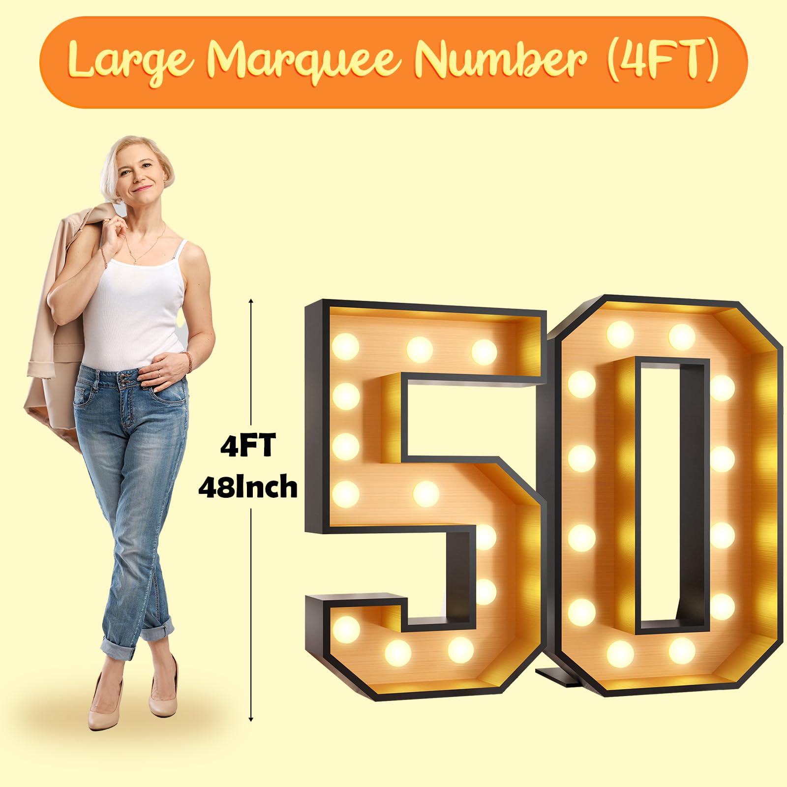 4FT Black & Gold Giant Marquee Light Up Number 50 - DIY Pre-Cut Foam Board Kit for 50th Birthday Decorations, Party Backdrops & Anniversary Celebrations | Perfect for Milestone Events, Photo Booths & Nighttime Illumination