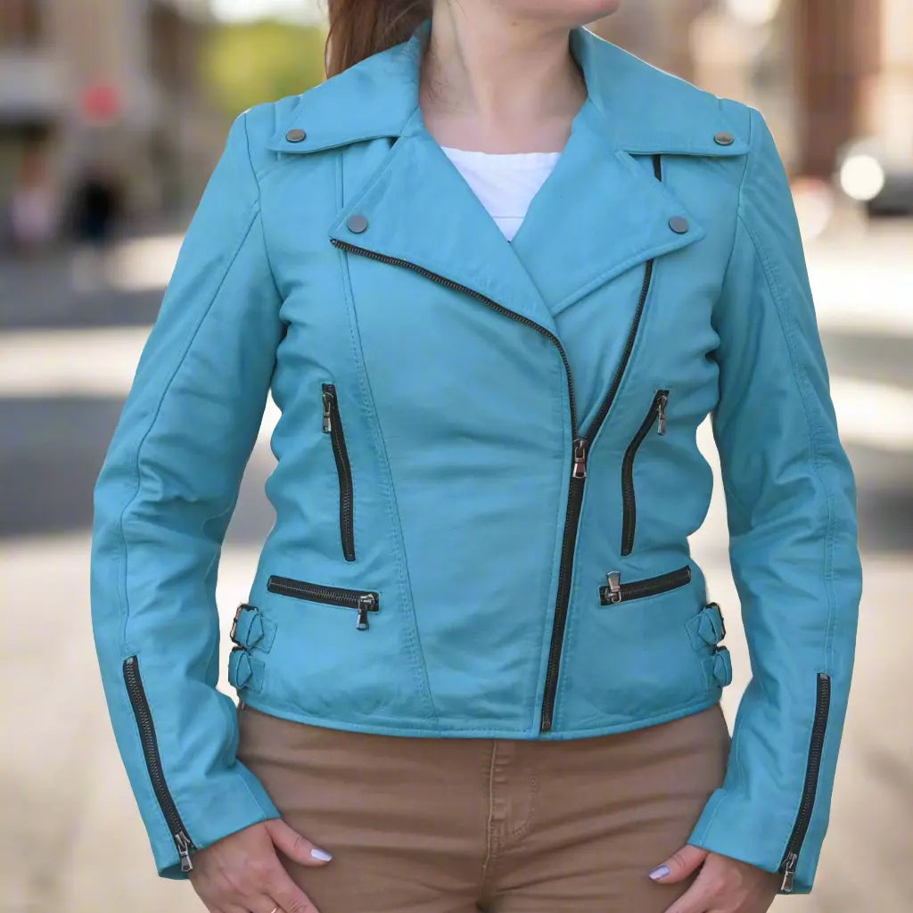 Women's Biker Style Sheep Leather Jacket - Vintage Motorcycle Outerwear for Casual & Night Out