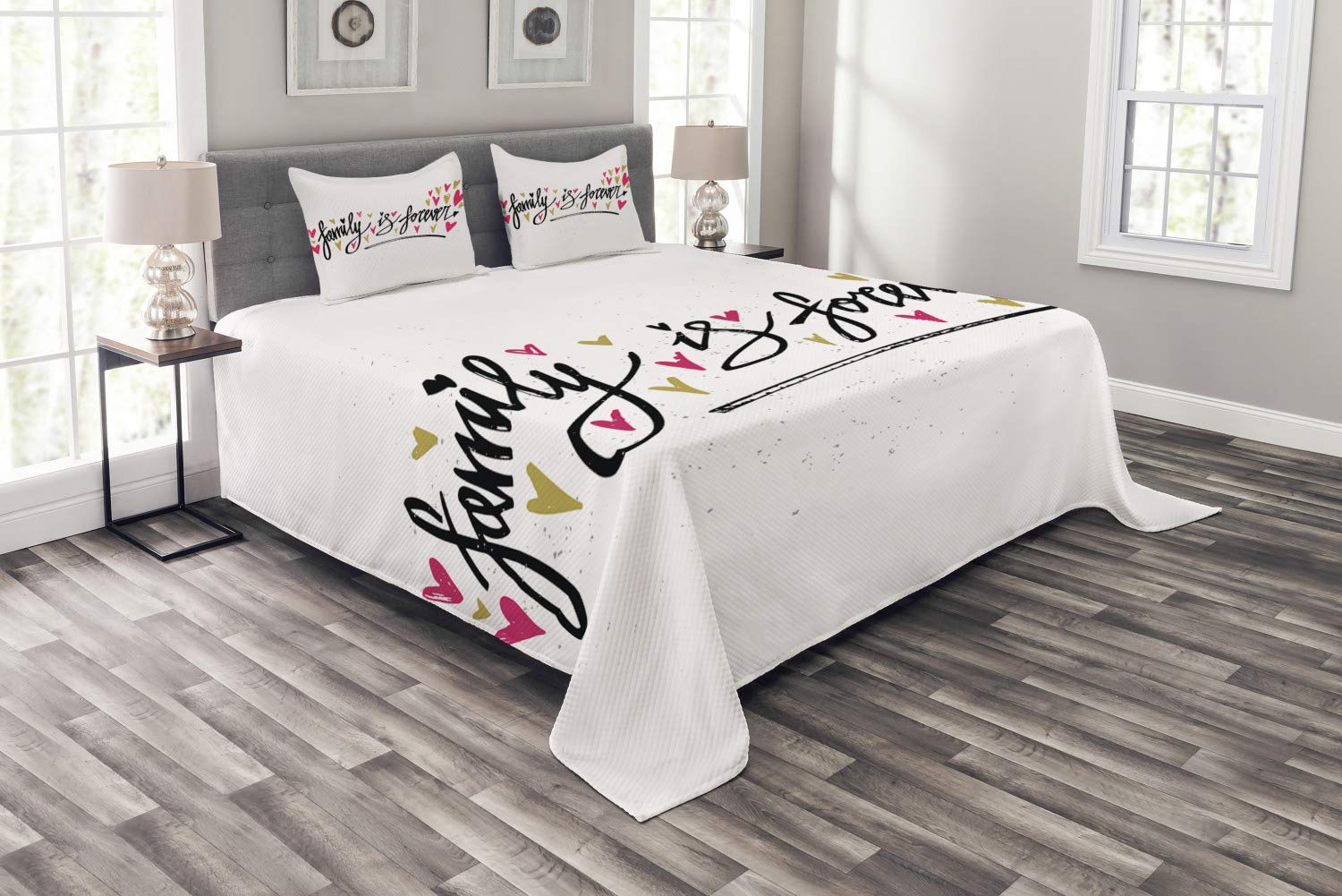 Ambesonne 3-Piece King Size Bedspread Set with 2 Pillow Shams - Family is Forever Inspirational Quote & Heart Design in Pale Coffee & Hot Pink - Perfect for Master Bedroom, Guest Room & Cozy Family Gatherings