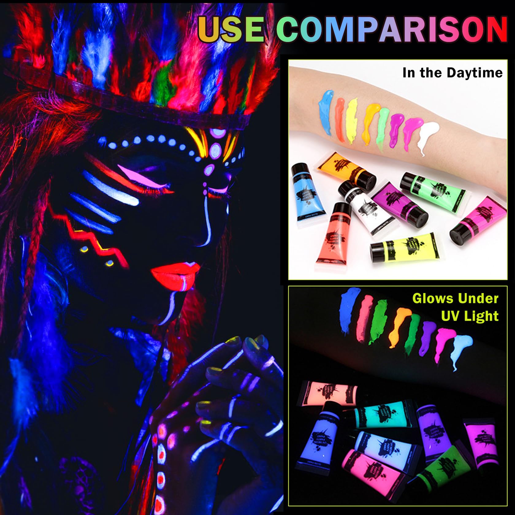 Glow in the Dark Face Paint & Body Paint Set - 8 Neon Colors for UV Blacklight, Halloween & Festival Makeup - Safe for Kids & Adults - Perfect for Parties, Raves & Costume Events