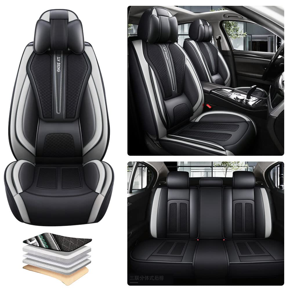Full Set Waterproof Leather & Ice Silk Car Seat Covers for Hyundai Equus 2011-2016 - Black & White with Waist Pillow | Premium Automotive Seat Protectors for Comfort & Style | Perfect for Daily Commute, Road Trips & Family Travel