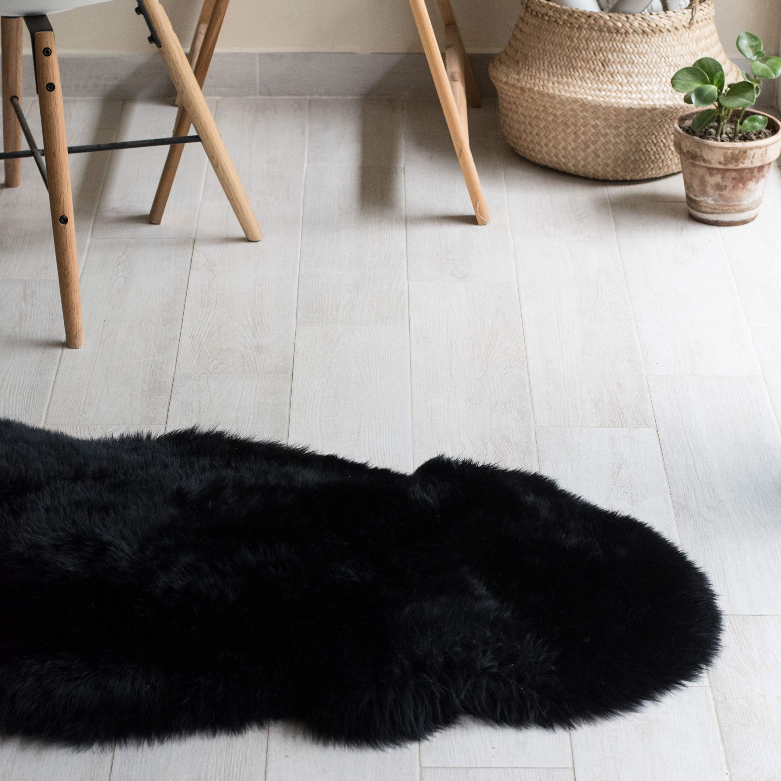 Premium New Zealand Sheepskin Rug - 100% Genuine Wool Fur, Ultra Soft Natural Lamb Skin, Thick & Fluffy 2x3 ft Obsidian Black - Perfect for Bedroom Decor, Living Room Accent & Cozy Chair Cover