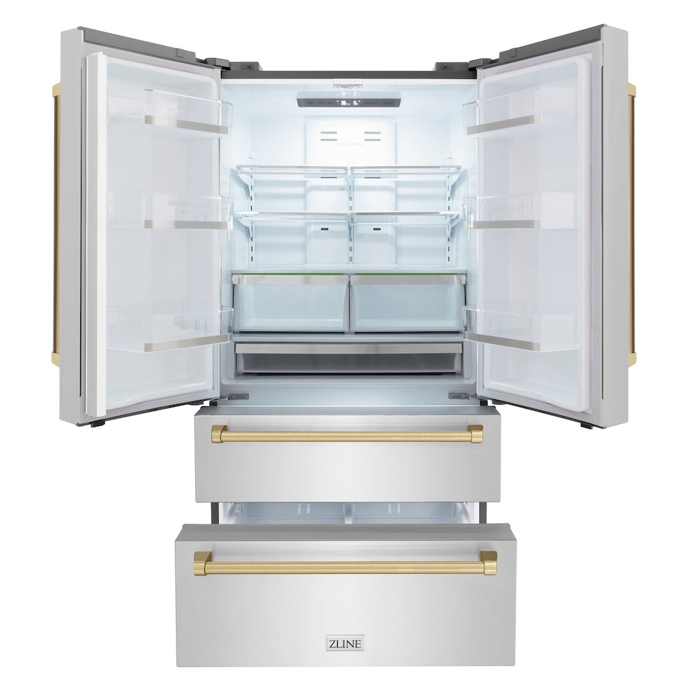 ZLINE Autograph Edition 36 Inch Counter Depth French Door Refrigerator - 22.5 cu.ft Capacity with Ice Maker, Fingerprint Resistant Stainless Steel & Champagne Bronze Handles (RFMZ 36 CB) - Perfect for Modern Kitchens, Open Concept Homes & Entertaining Spaces