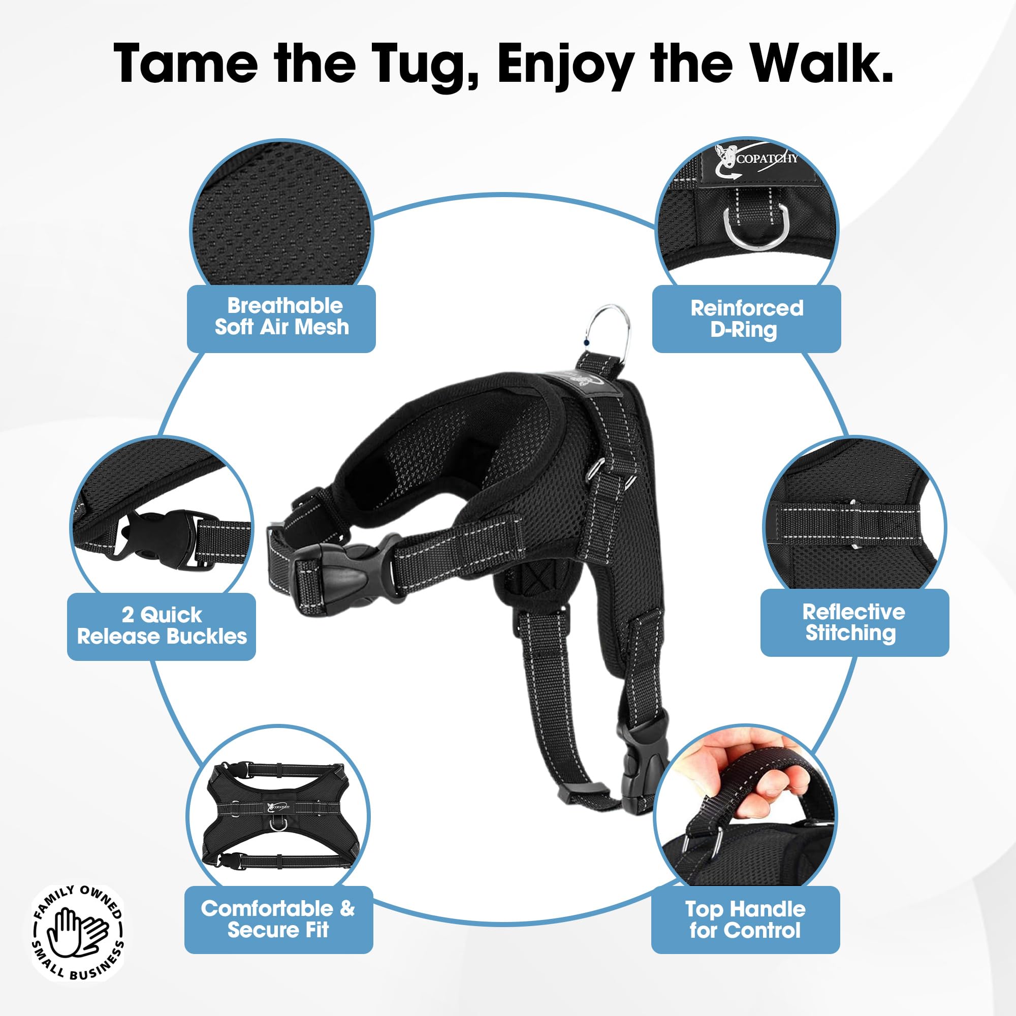No Pull Reflective Adjustable Dog Harness with Handle - Soft Breathable Mesh for Small Medium Large Dogs - All Weather Comfort for Walking Running Hiking (Black, XX-Small)