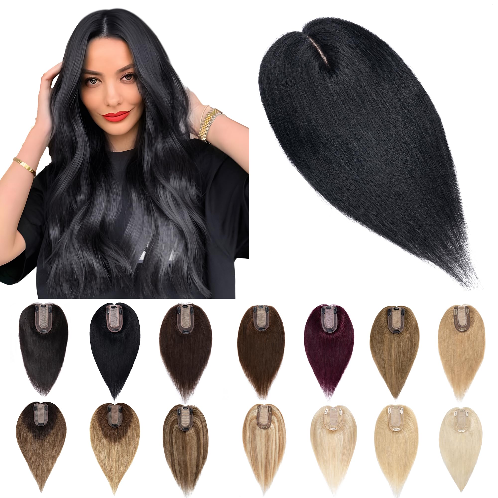 SEGO 100% Real Human Hair Toppers for Women with Thinning Hair - 7x13cm Silk Base Clip-in Top Wiglet - 18 Inch No Bangs Jet Black - Perfect for Daily Wear, Parties & Special Occasions