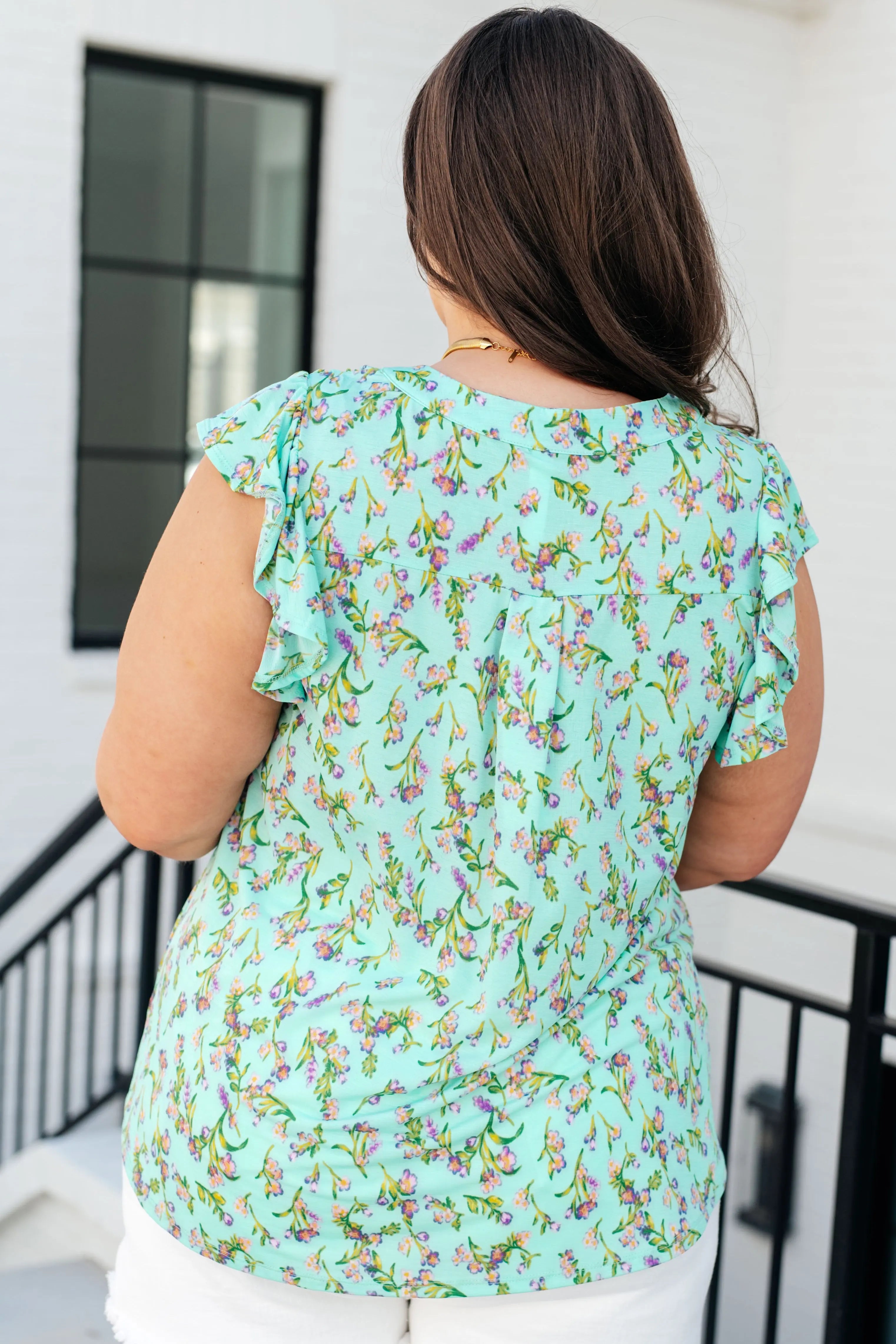 Lizzy Flutter Sleeve Top - Women's Emerald Green Blouse with English Rose Print | Perfect for Casual Wear, Date Nights & Spring Outfits